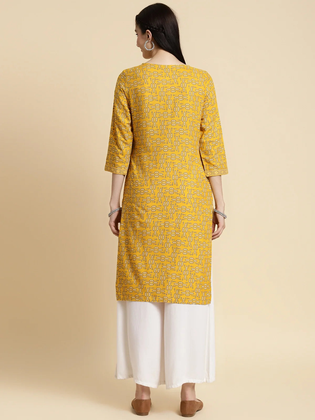 Buy Rayon Gota Lace At Yoke Knee Length Straight Kurta-Yellow