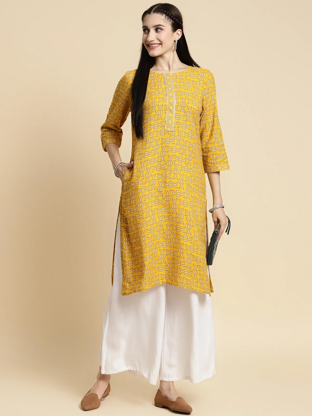 Buy Rayon Gota Lace At Yoke Knee Length Straight Kurta-Yellow