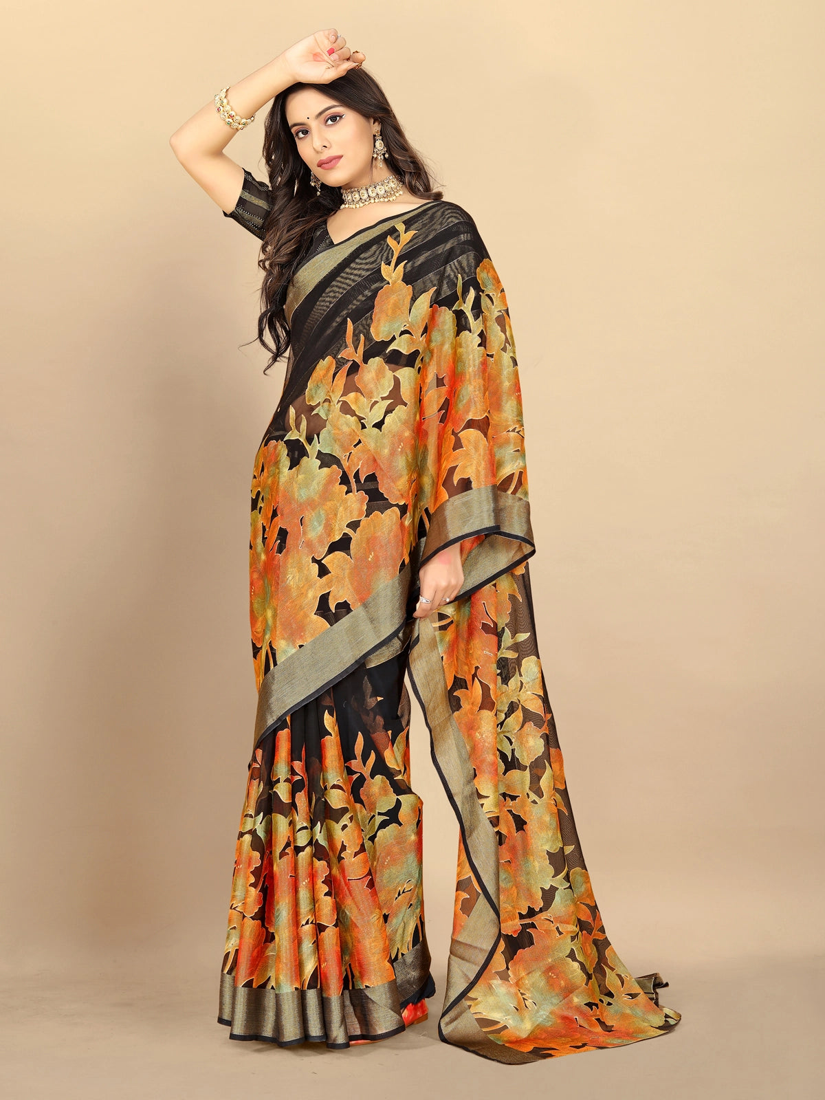 Buy Floral Printed Chiffon Saree With Blouse Piece-Black