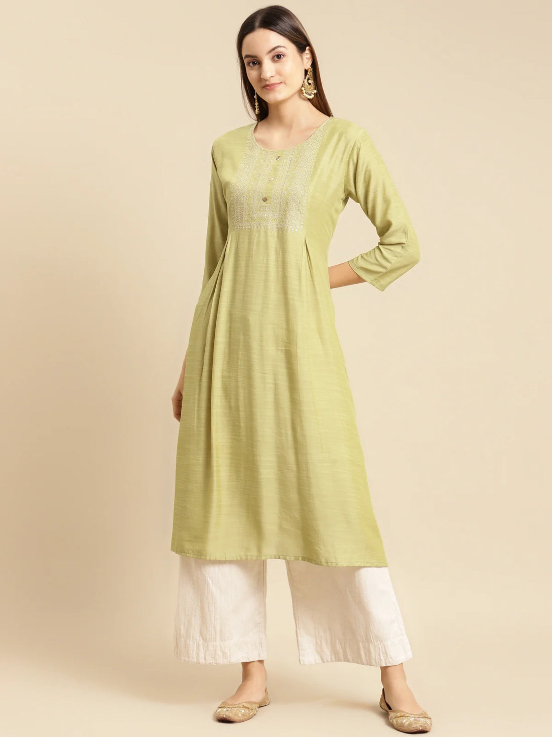 Buy Yoke Zari Embroidered Calf Length Flared Kurta-Mint Green