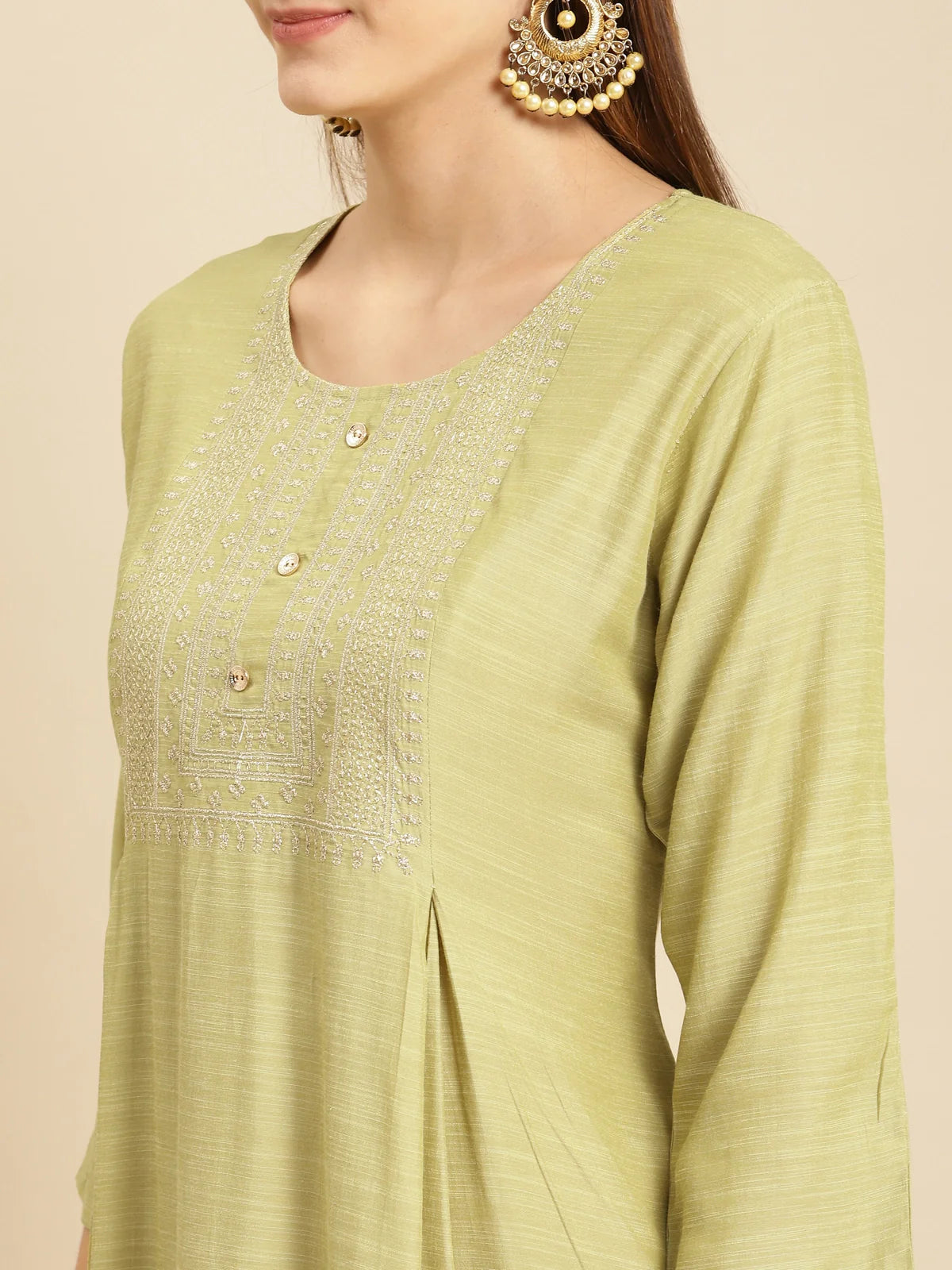 Buy Yoke Zari Embroidered Calf Length Flared Kurta-Mint Green