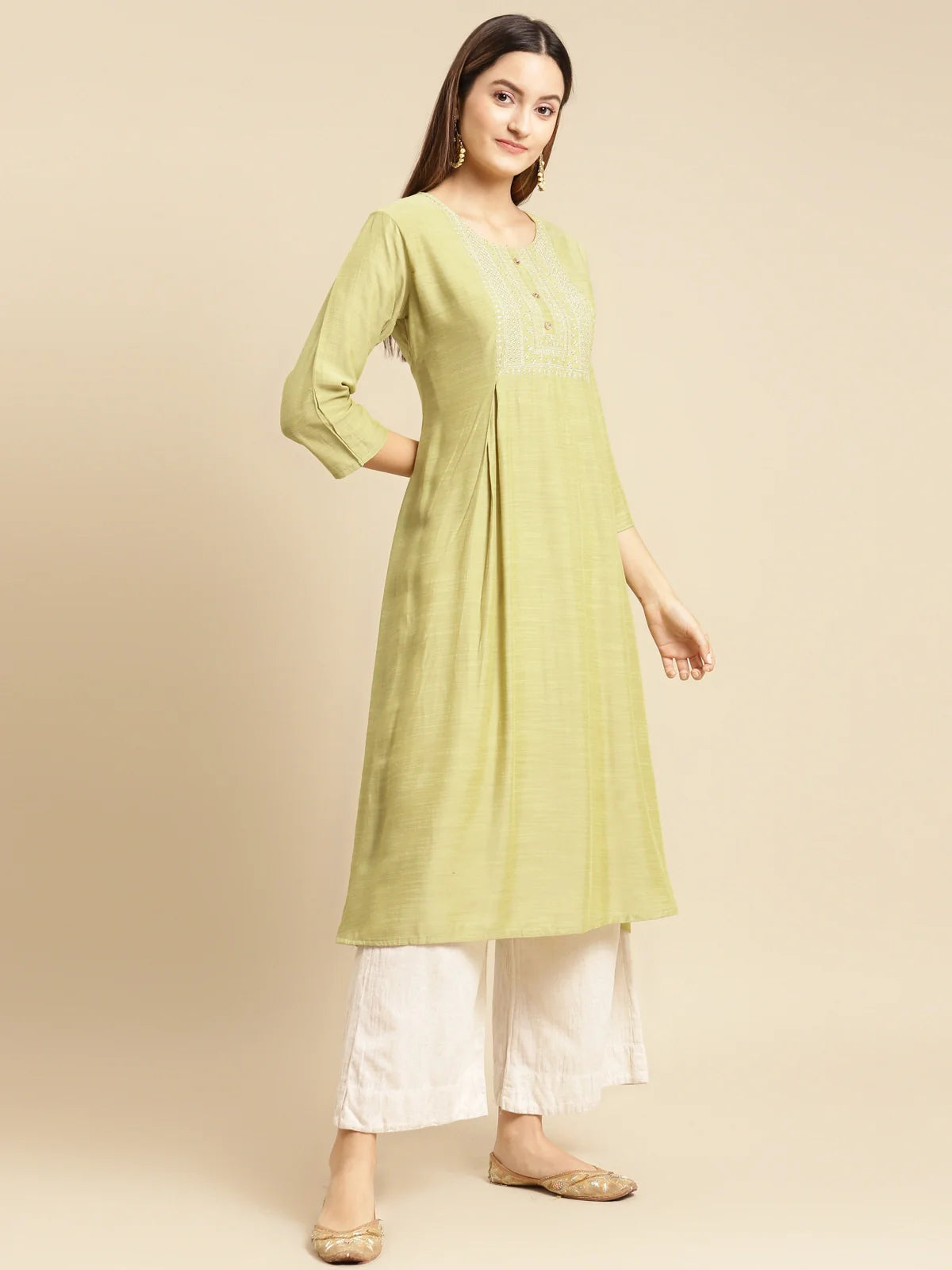 Buy Yoke Zari Embroidered Calf Length Flared Kurta-Mint Green