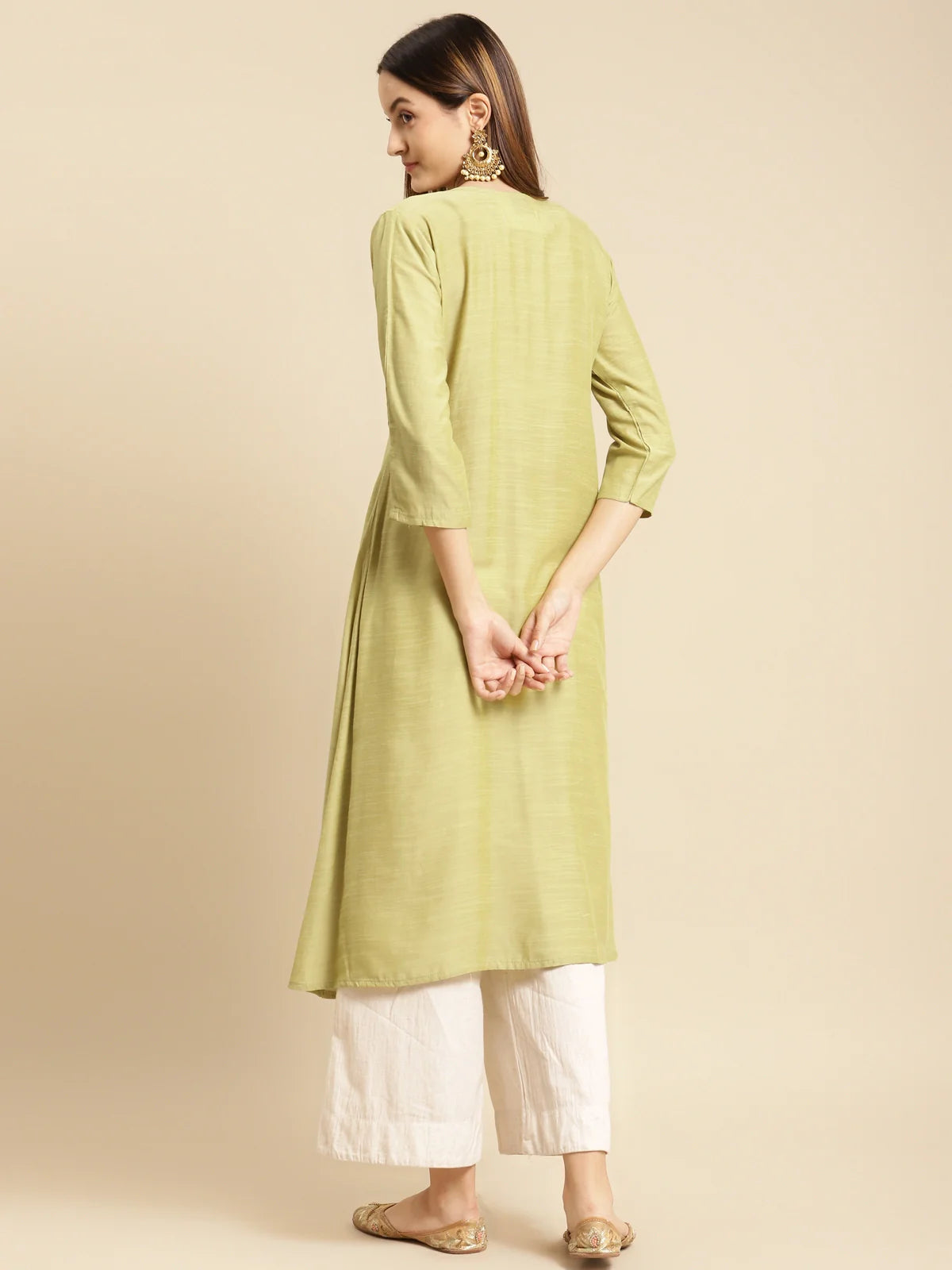 Buy Yoke Zari Embroidered Calf Length Flared Kurta-Mint Green