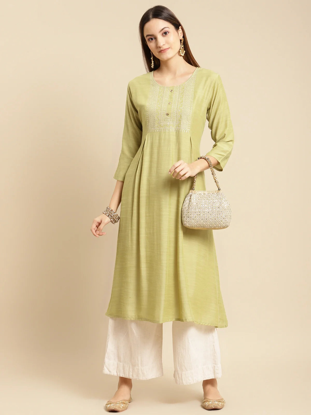 Buy Yoke Zari Embroidered Calf Length Flared Kurta-Mint Green