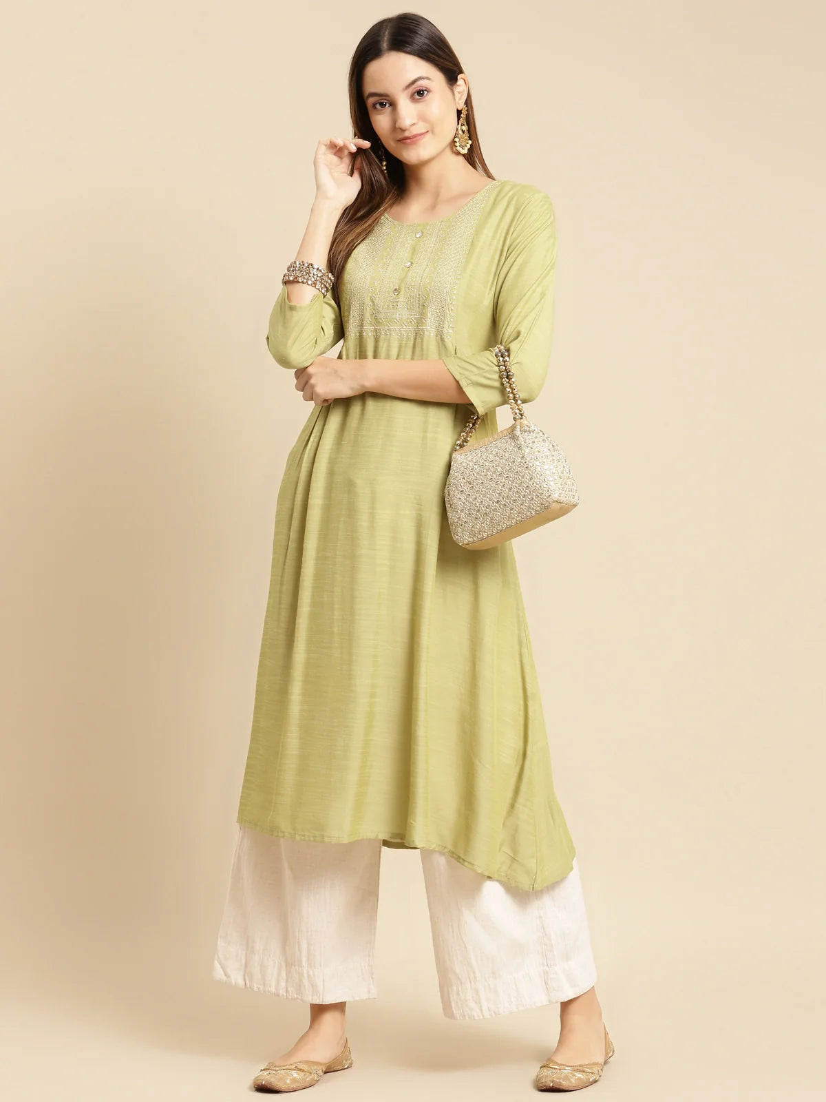 Buy Yoke Zari Embroidered Calf Length Flared Kurta-Mint Green