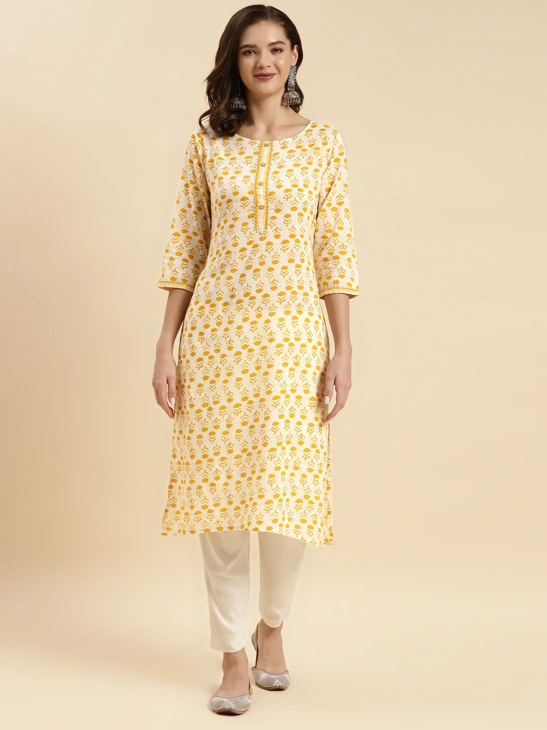 Buy Cotton Printed Calf Length Straight Kurta-Yellow