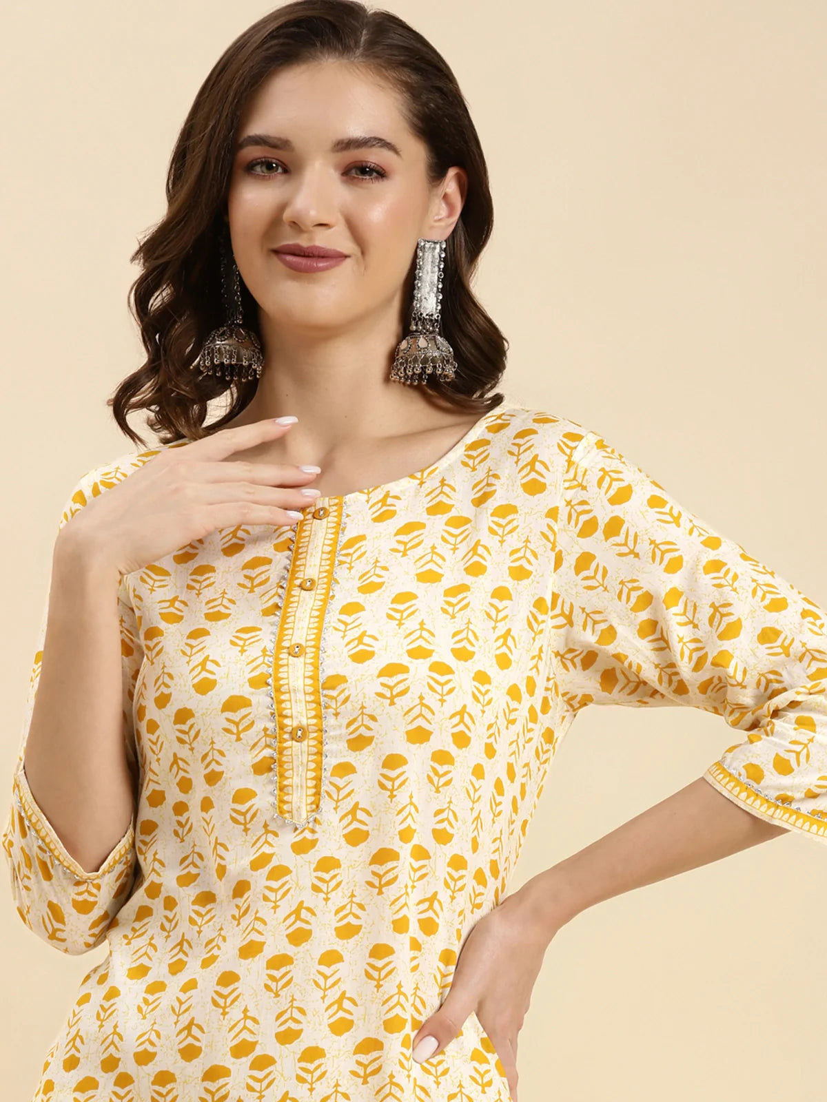 Buy Cotton Printed Calf Length Straight Kurta-Yellow