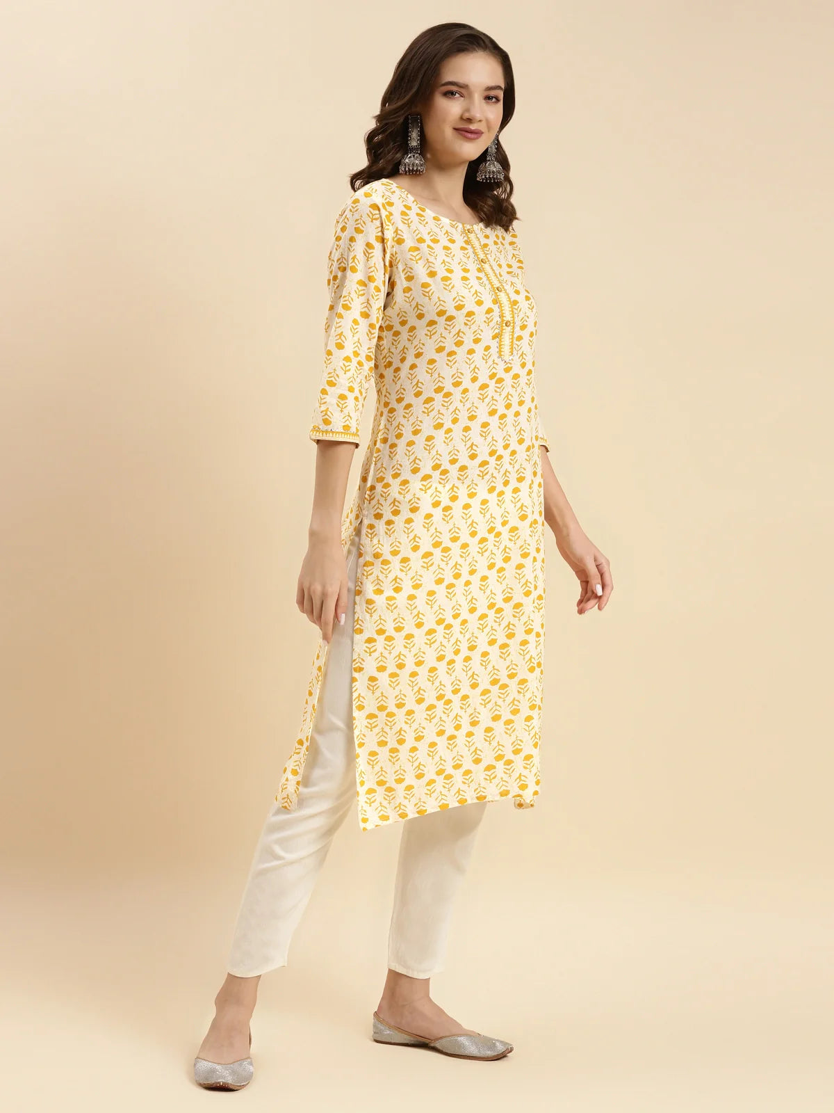 Buy Cotton Printed Calf Length Straight Kurta-Yellow