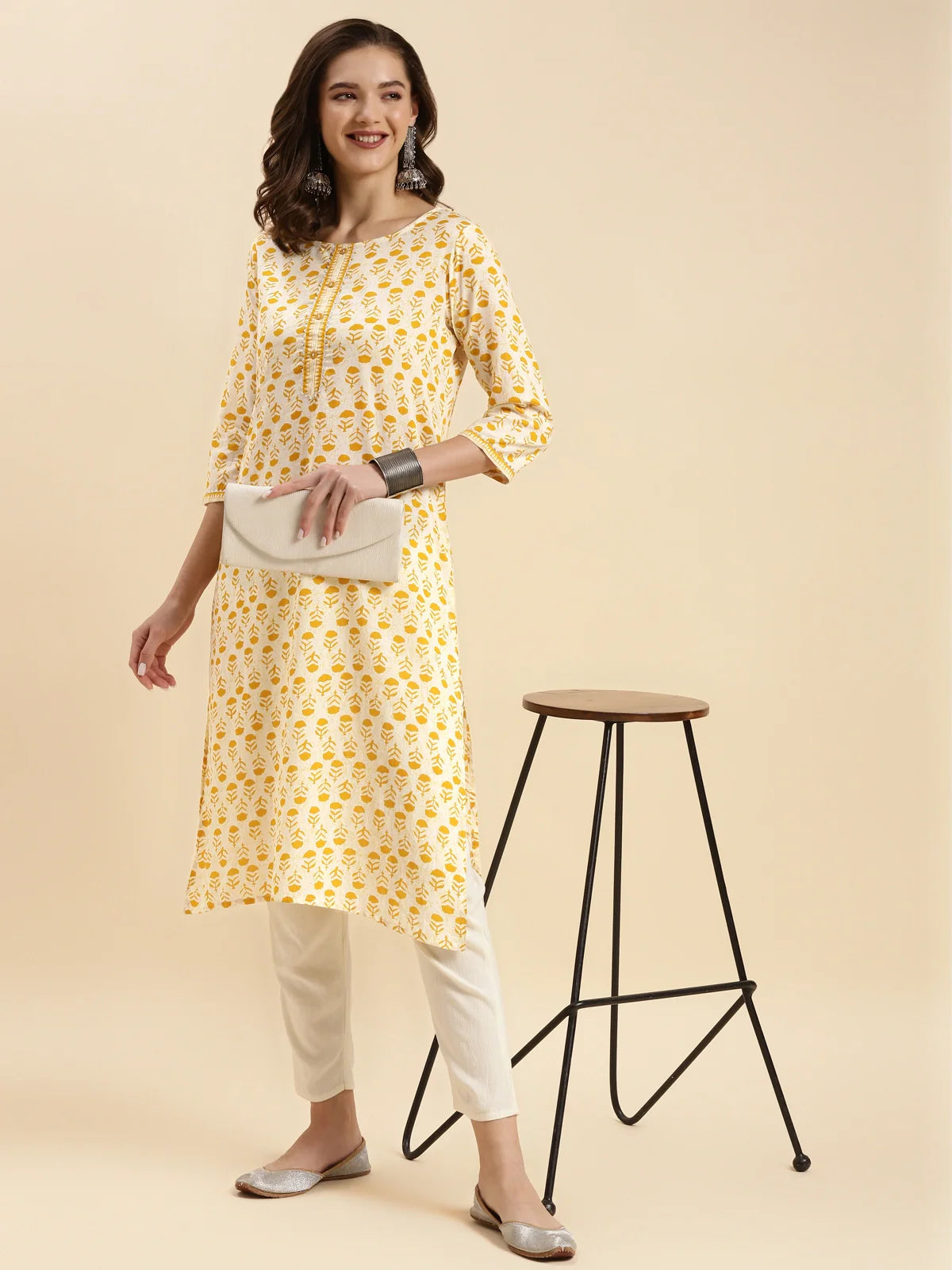 Buy Cotton Printed Calf Length Straight Kurta-Yellow