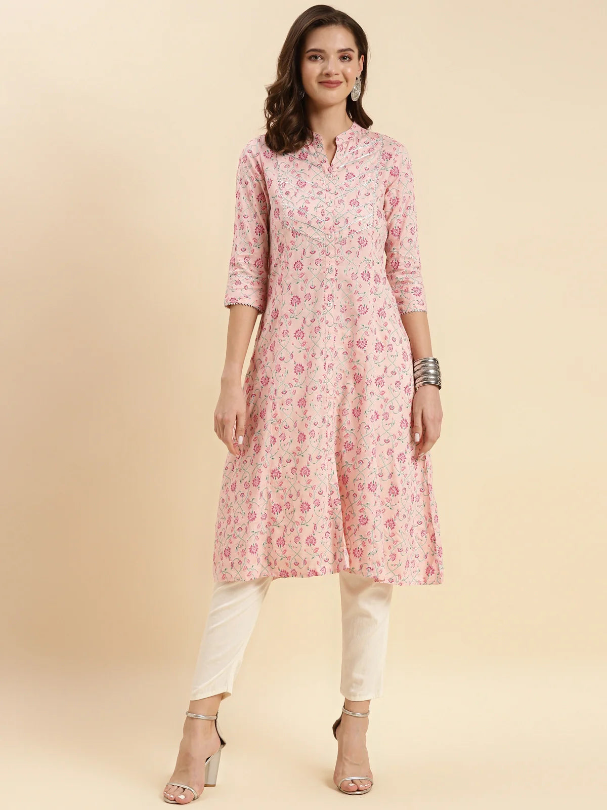 Buy Rayon Printed Calf Length A-line Kurta-Peach