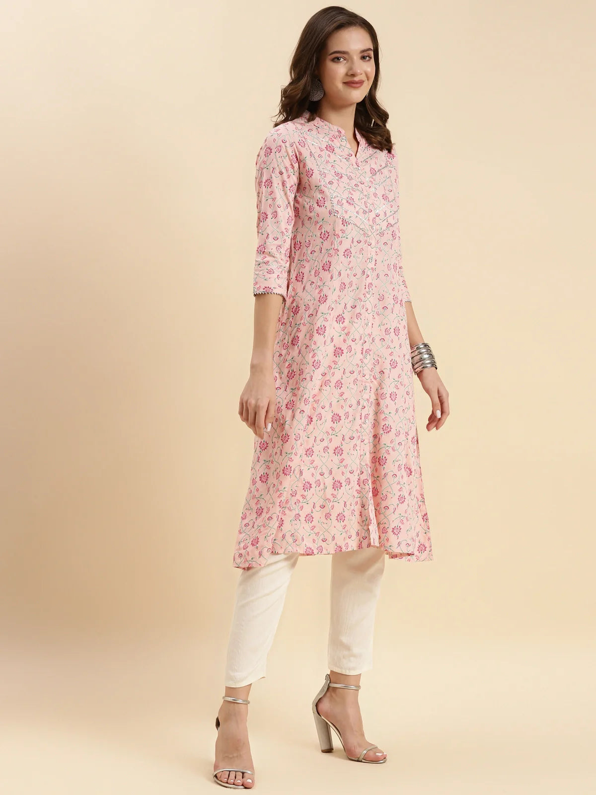 Buy Rayon Printed Calf Length A-line Kurta-Peach