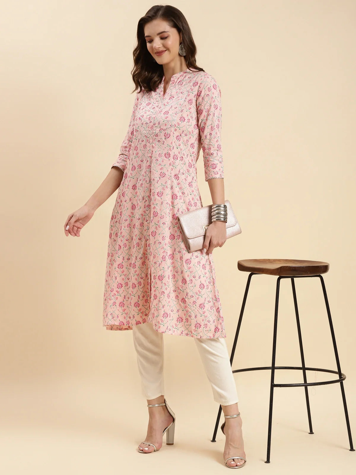 Buy Rayon Printed Calf Length A-line Kurta-Peach