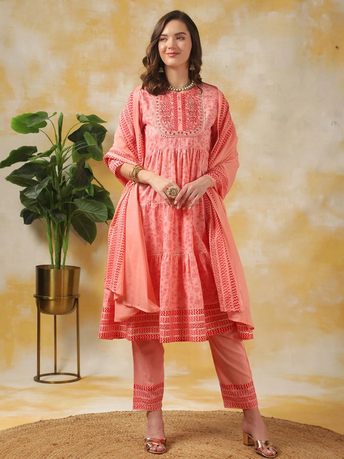 Buy Cotton Embroidered Calf Length Anarkali Kurta With Pant And Dupatta-Peach