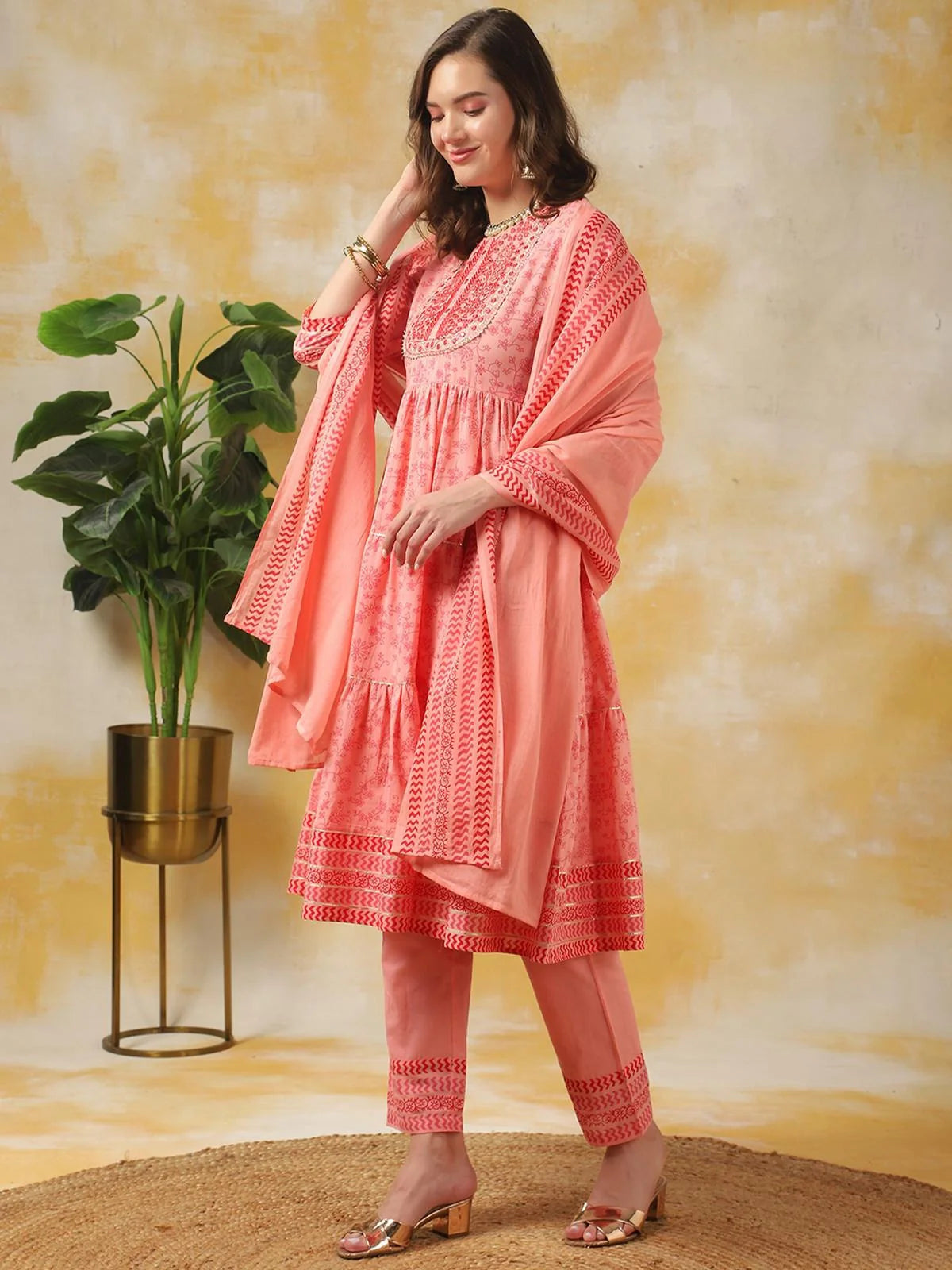 Buy Cotton Embroidered Calf Length Anarkali Kurta With Pant And Dupatta-Peach