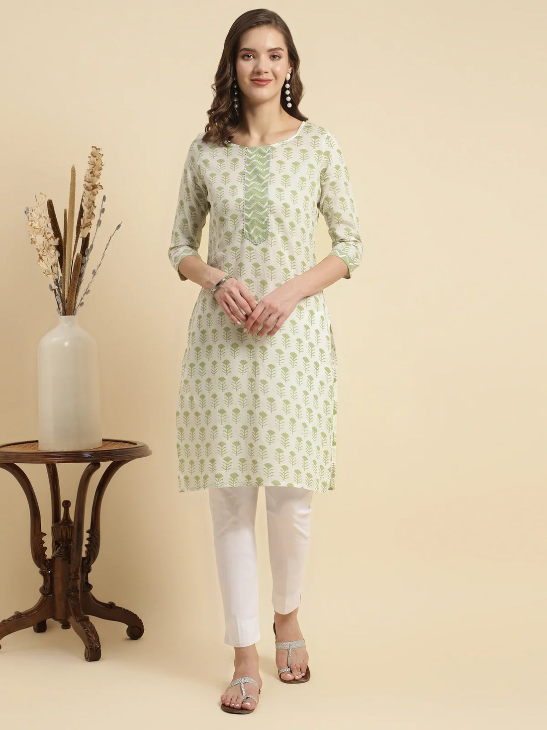 Buy Cotton Floral Printed Knee Length Straight Kurta-White