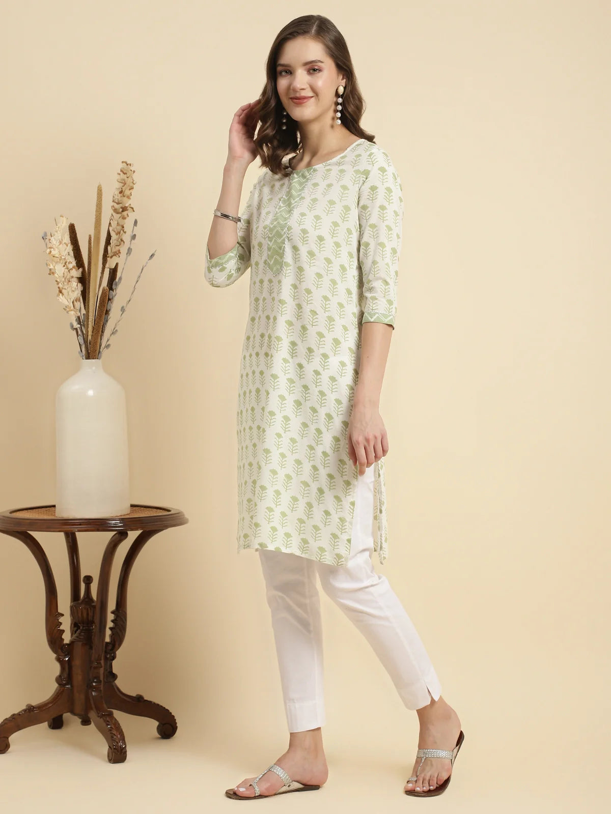 Buy Cotton Floral Printed Knee Length Straight Kurta-White