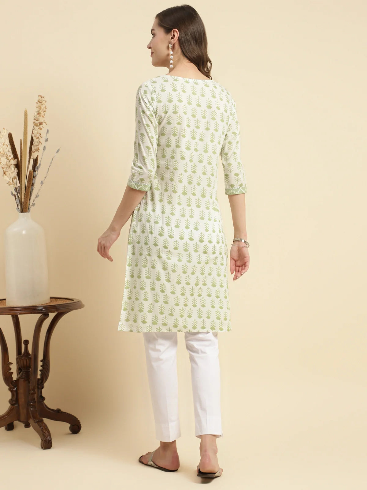 Buy Cotton Floral Printed Knee Length Straight Kurta-White