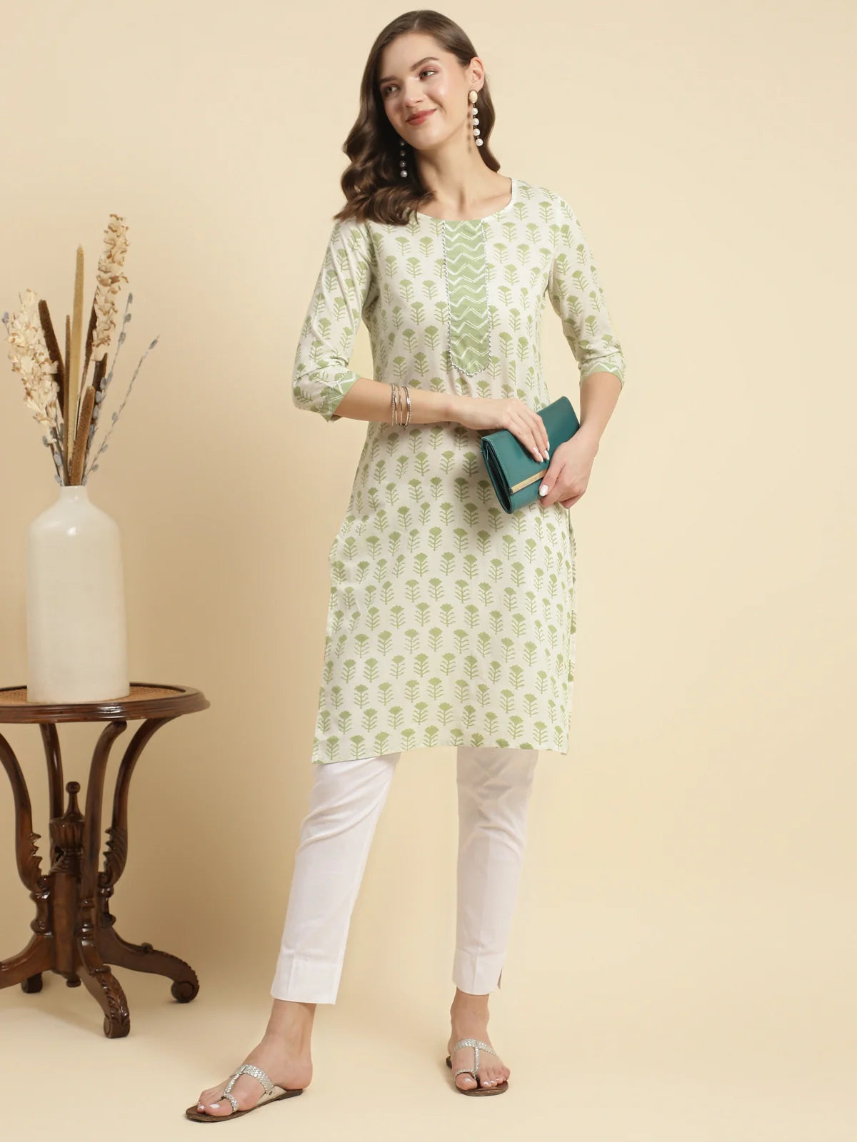 Buy Cotton Floral Printed Knee Length Straight Kurta-White