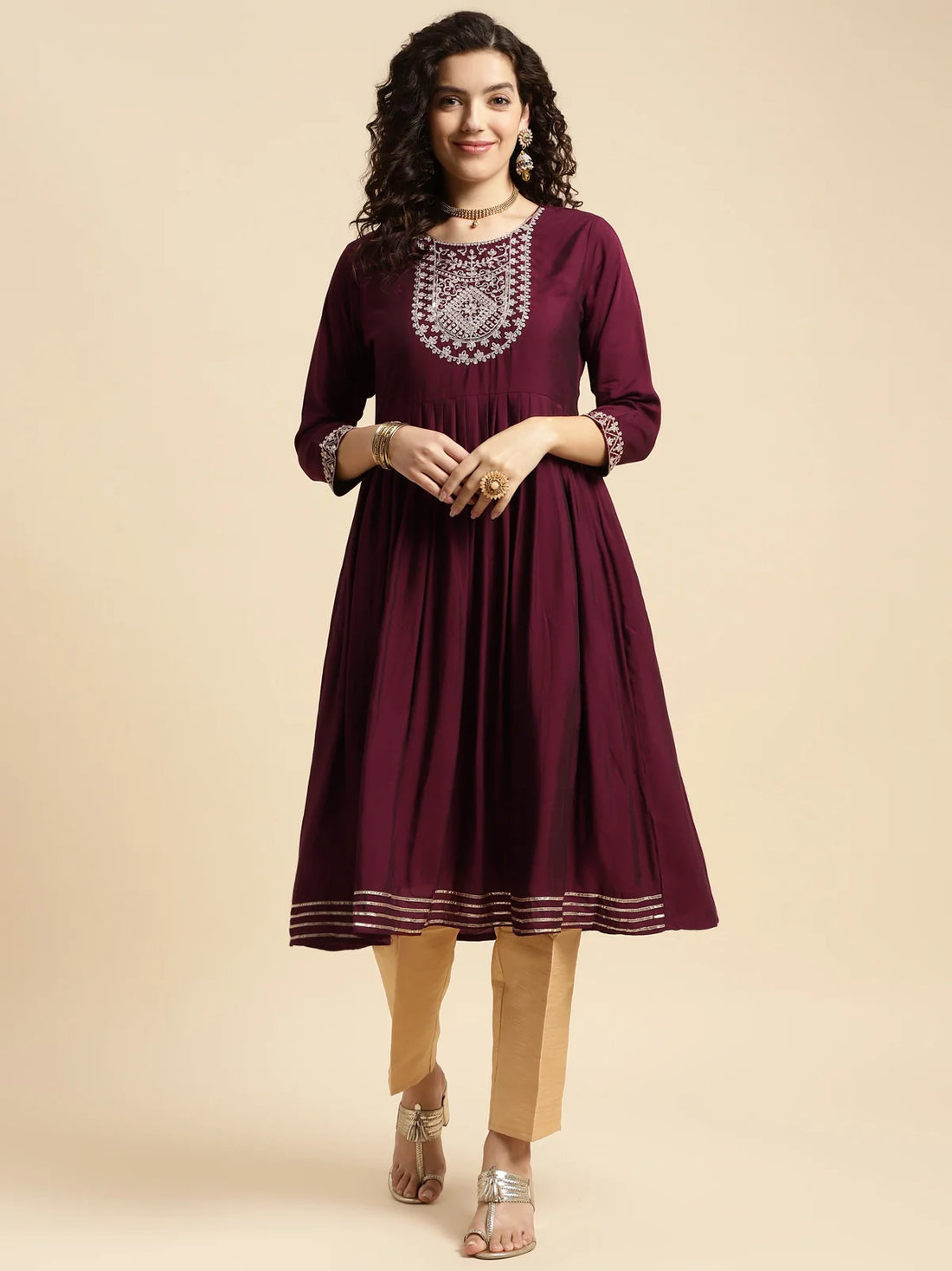 Buy Rayon Embroidered Knee Length Flared Kurta-Wine