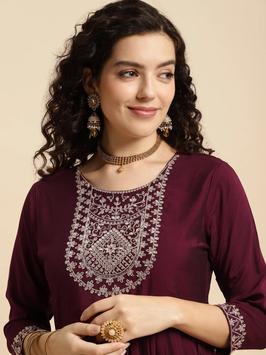 Buy Rayon Embroidered Knee Length Flared Kurta-Wine