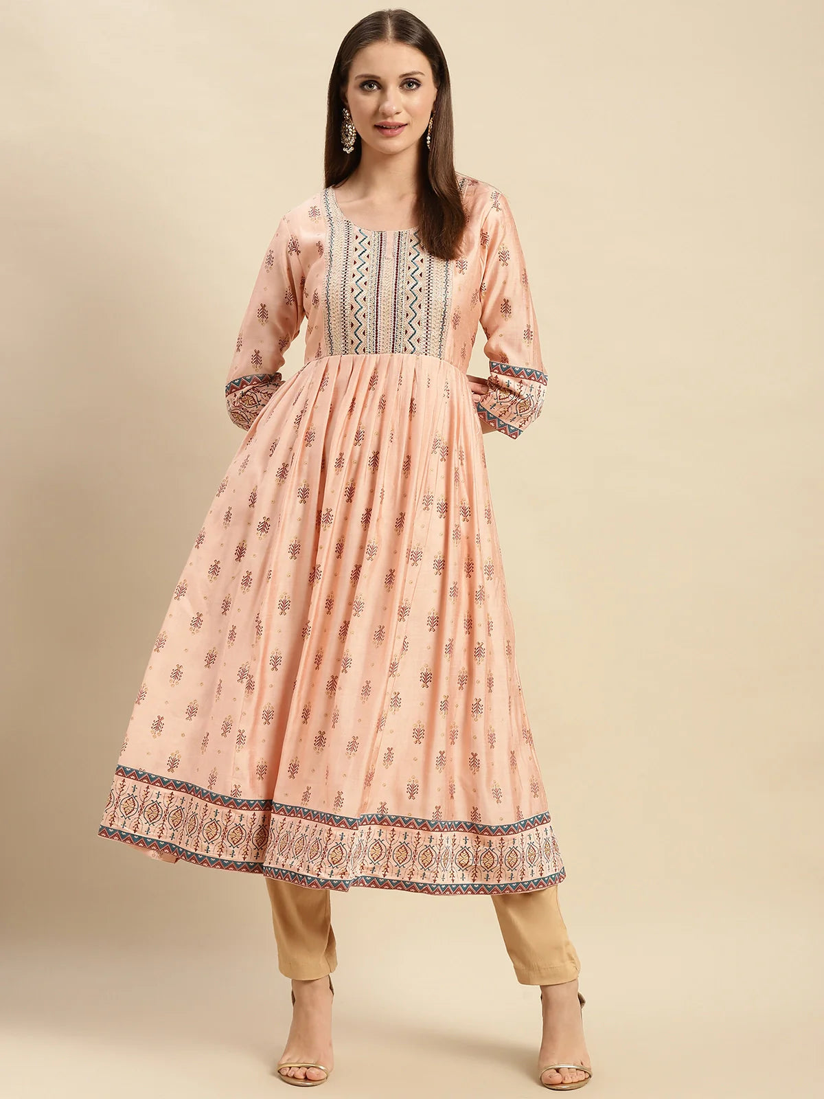 Buy Yoke Embroidered Ethnic Printed Calf Length Anarkali Kurta-Peach