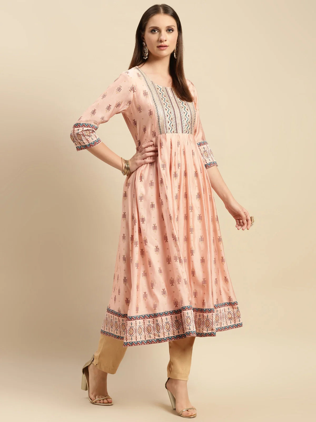 Buy Yoke Embroidered Ethnic Printed Calf Length Anarkali Kurta-Peach