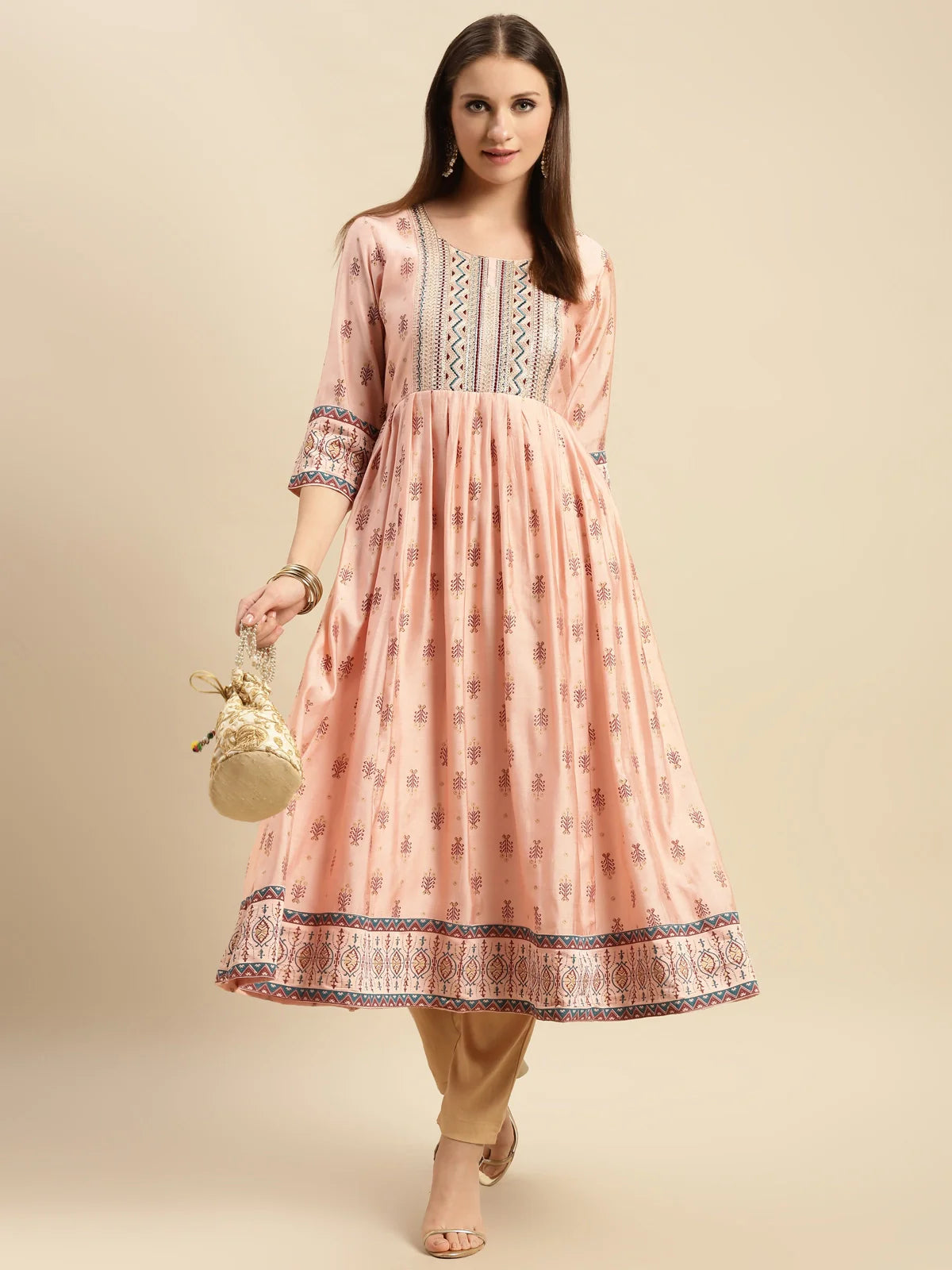 Buy Yoke Embroidered Ethnic Printed Calf Length Anarkali Kurta-Peach