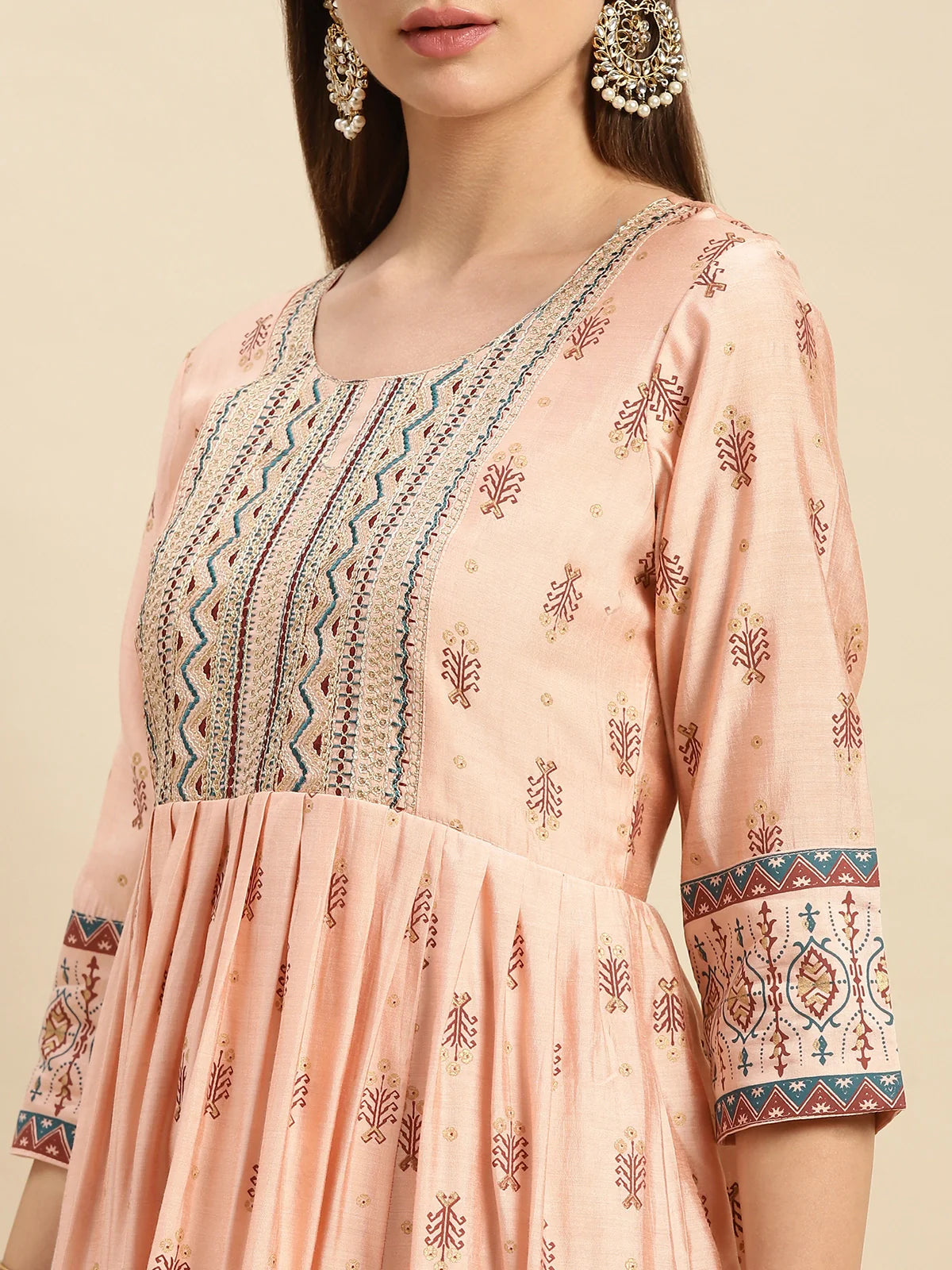 Buy Yoke Embroidered Ethnic Printed Calf Length Anarkali Kurta-Peach