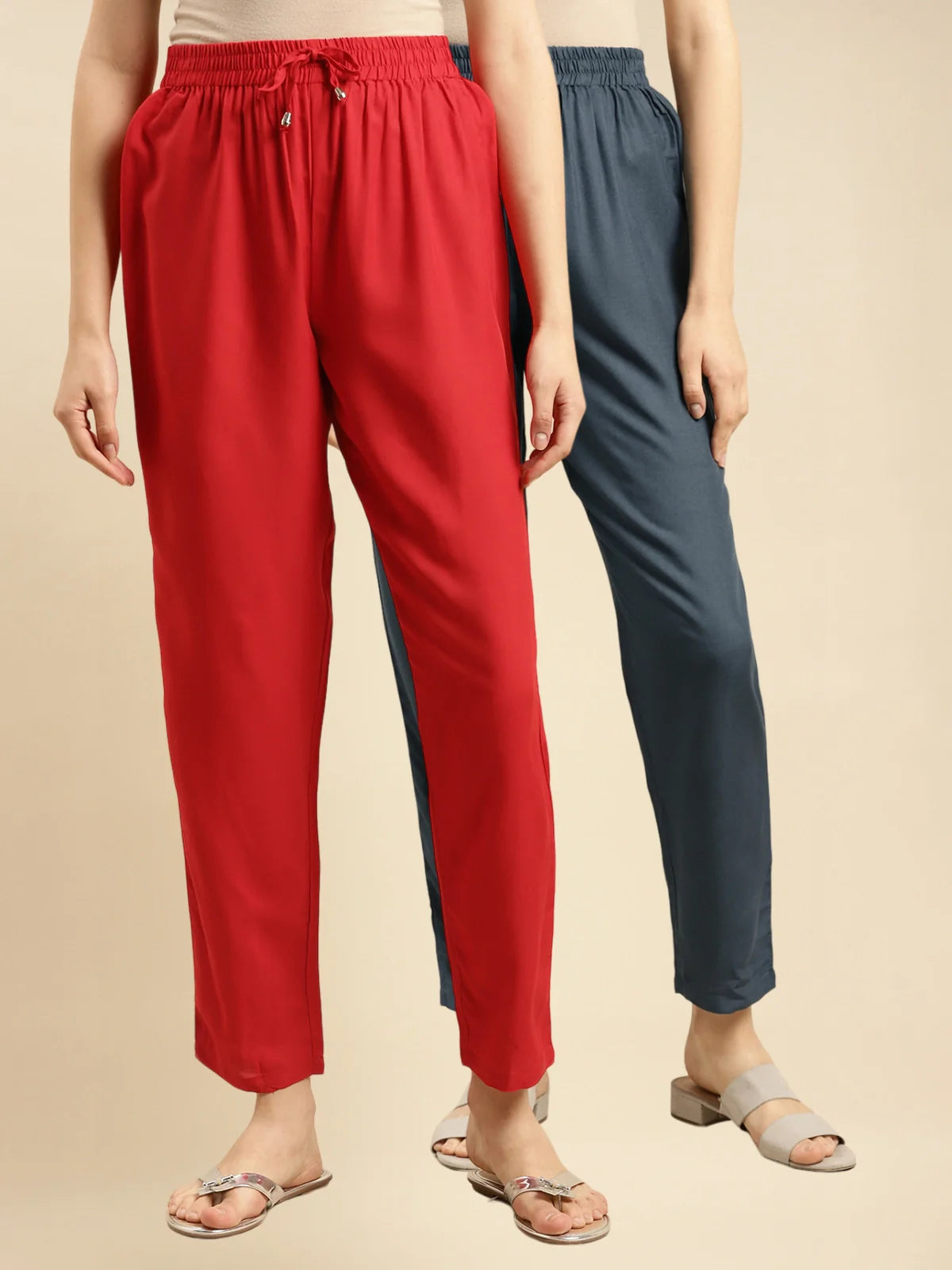 Buy Rayon Solid Ankle Length Straight Pants (Pack of 2)-Light Grey & Red