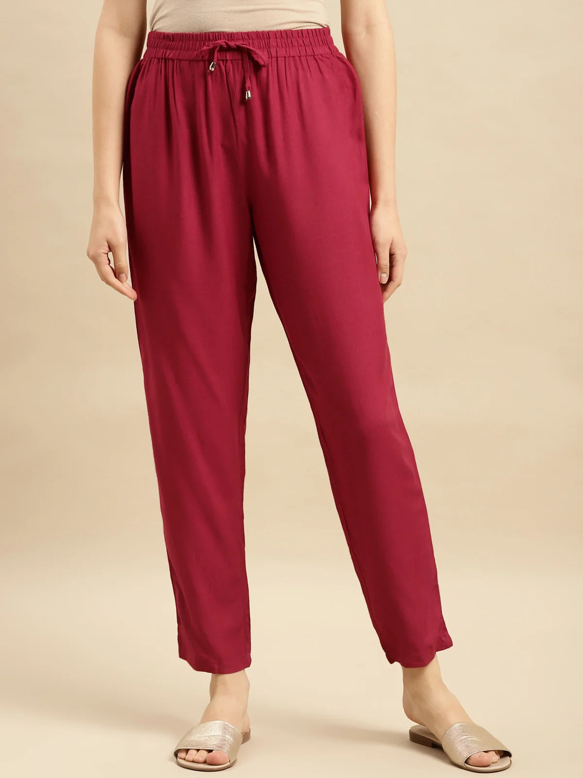 Buy Rayon Solid Ankle Length Straight Pant-Maroon