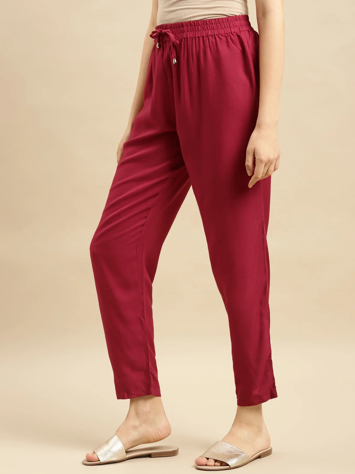 Buy Rayon Solid Ankle Length Straight Pant-Maroon