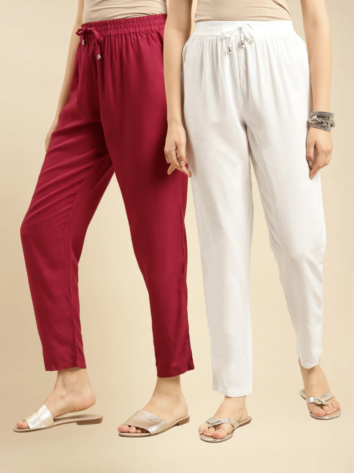 Buy Rayon Solid Ankle Length Straight Pants (Pack of 2)-Maroon & White