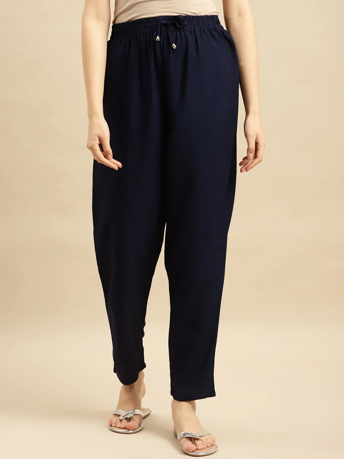 Buy Rayon Solid Ankle Length Straight Pant-Navy Blue