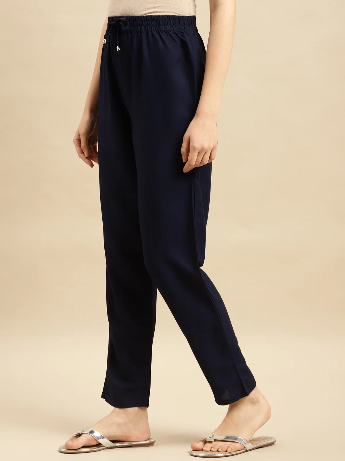 Buy Rayon Solid Ankle Length Straight Pant-Navy Blue