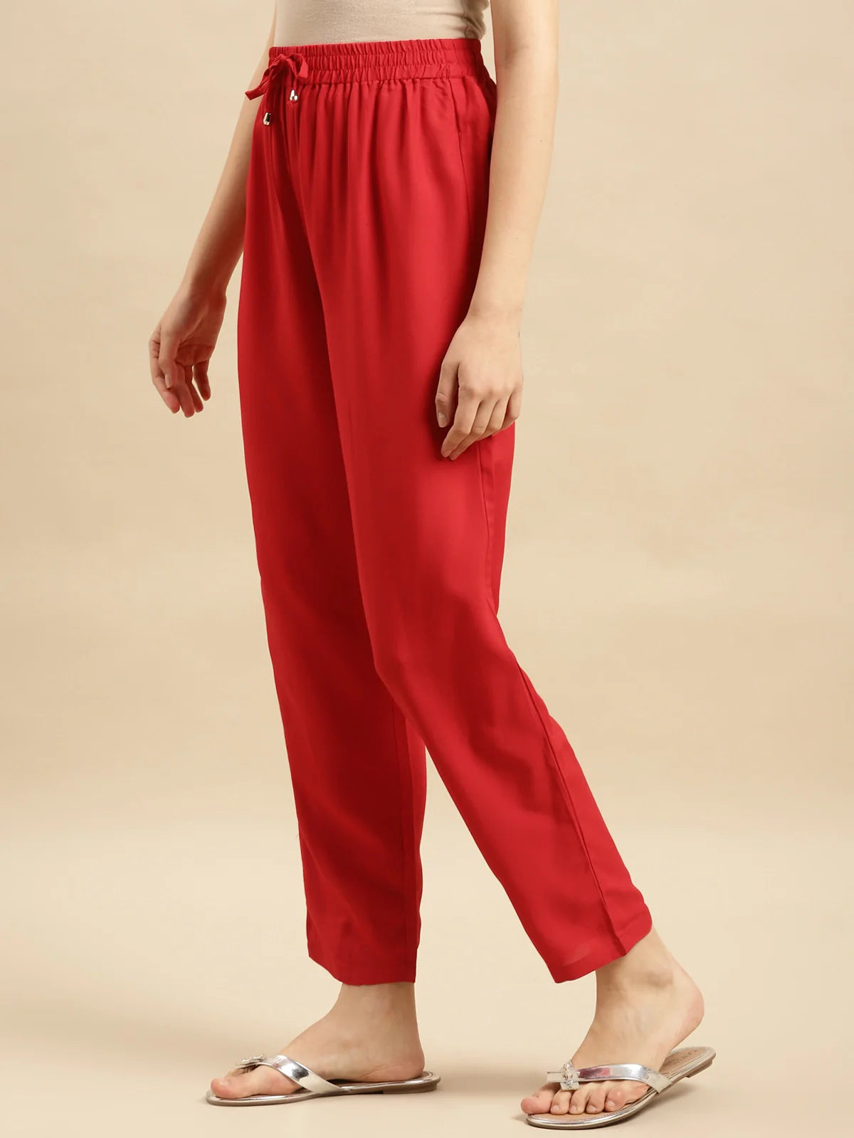 Buy Rayon Solid Ankle Length Straight Pant-Red