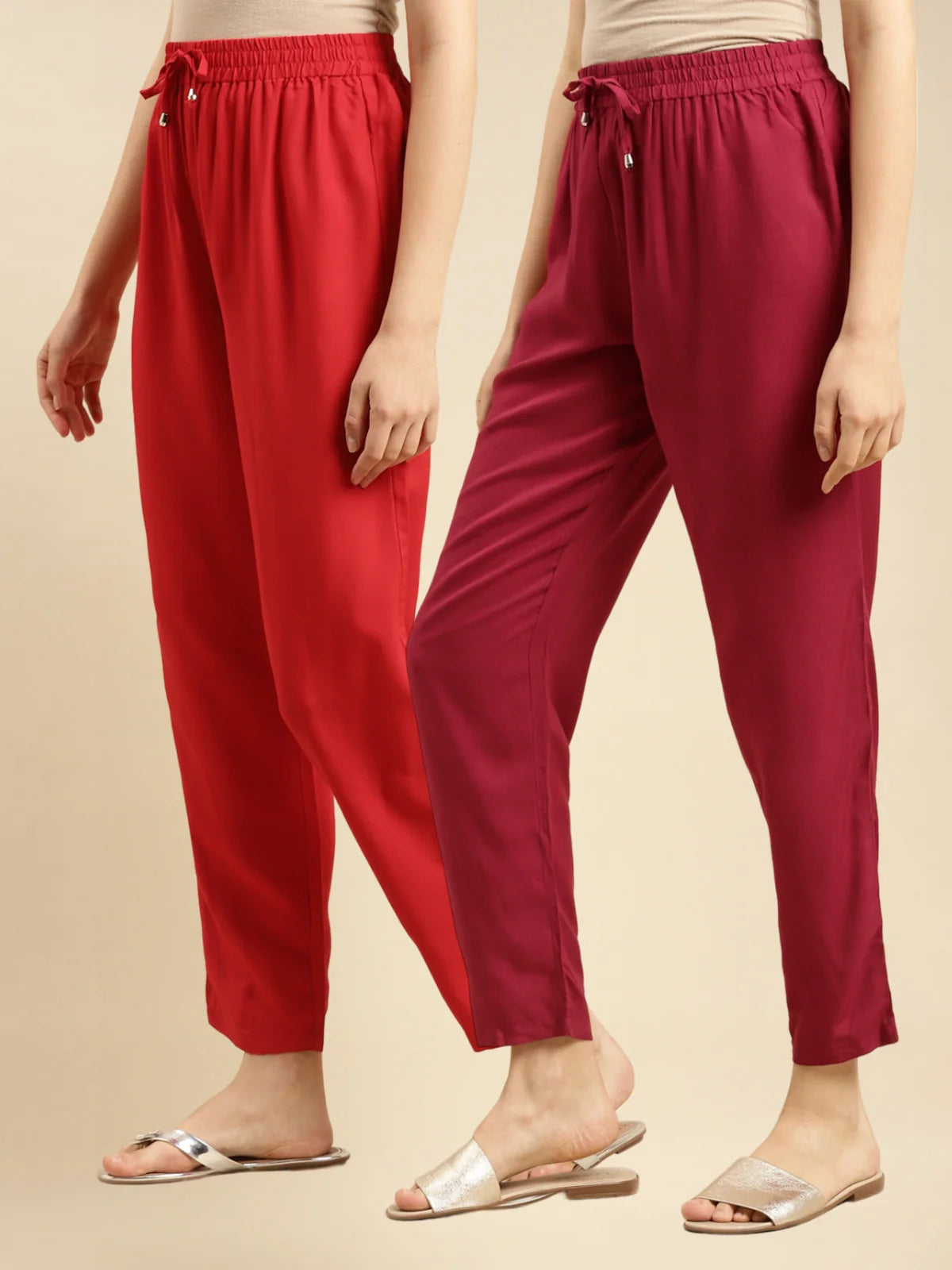 Buy Rayon Solid Ankle Length Straight Pants (Pack of 2)-Red & Maroon