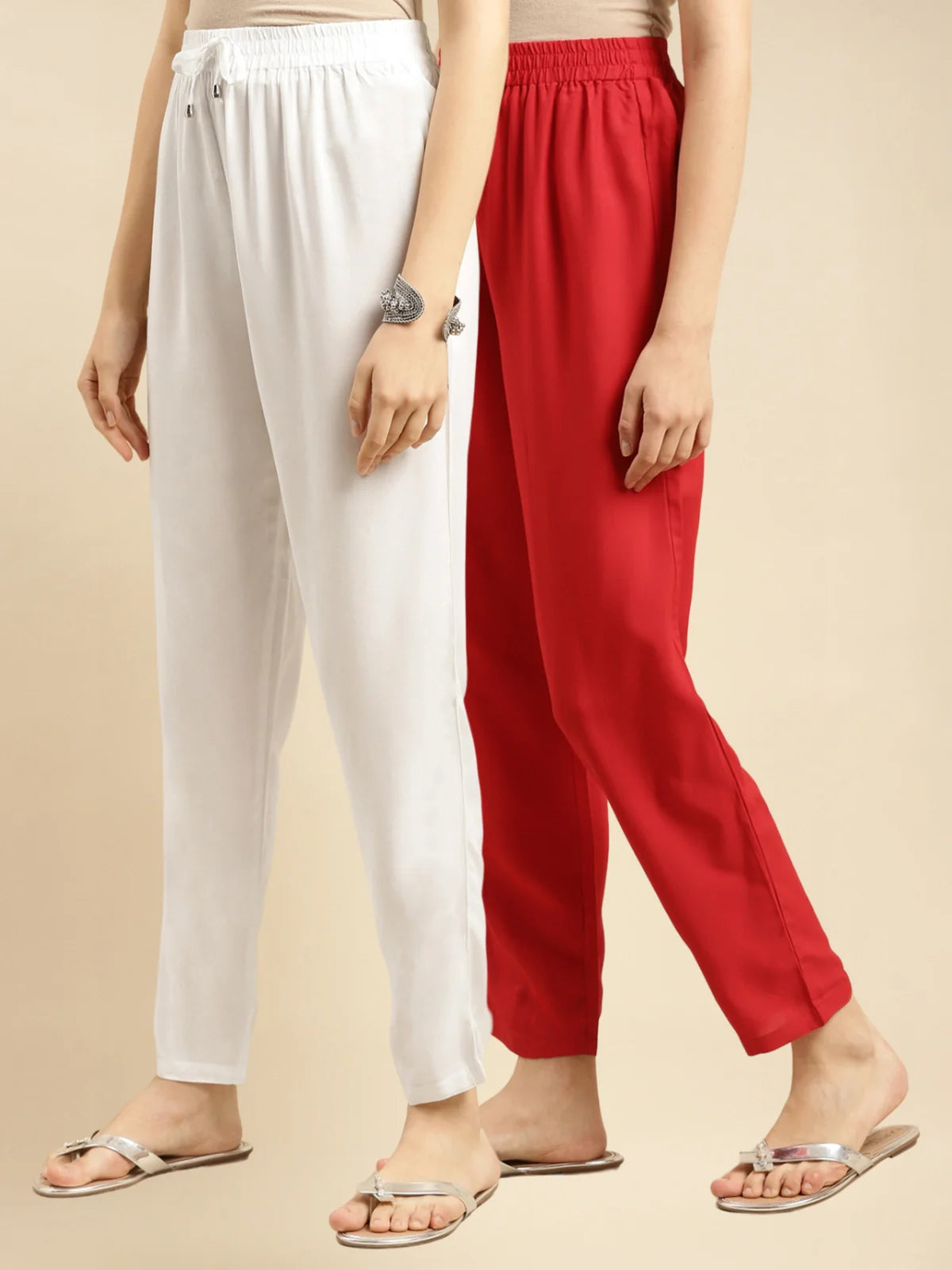 Buy Rayon Solid Ankle Length Straight Pants (Pack of 2)-Red & White