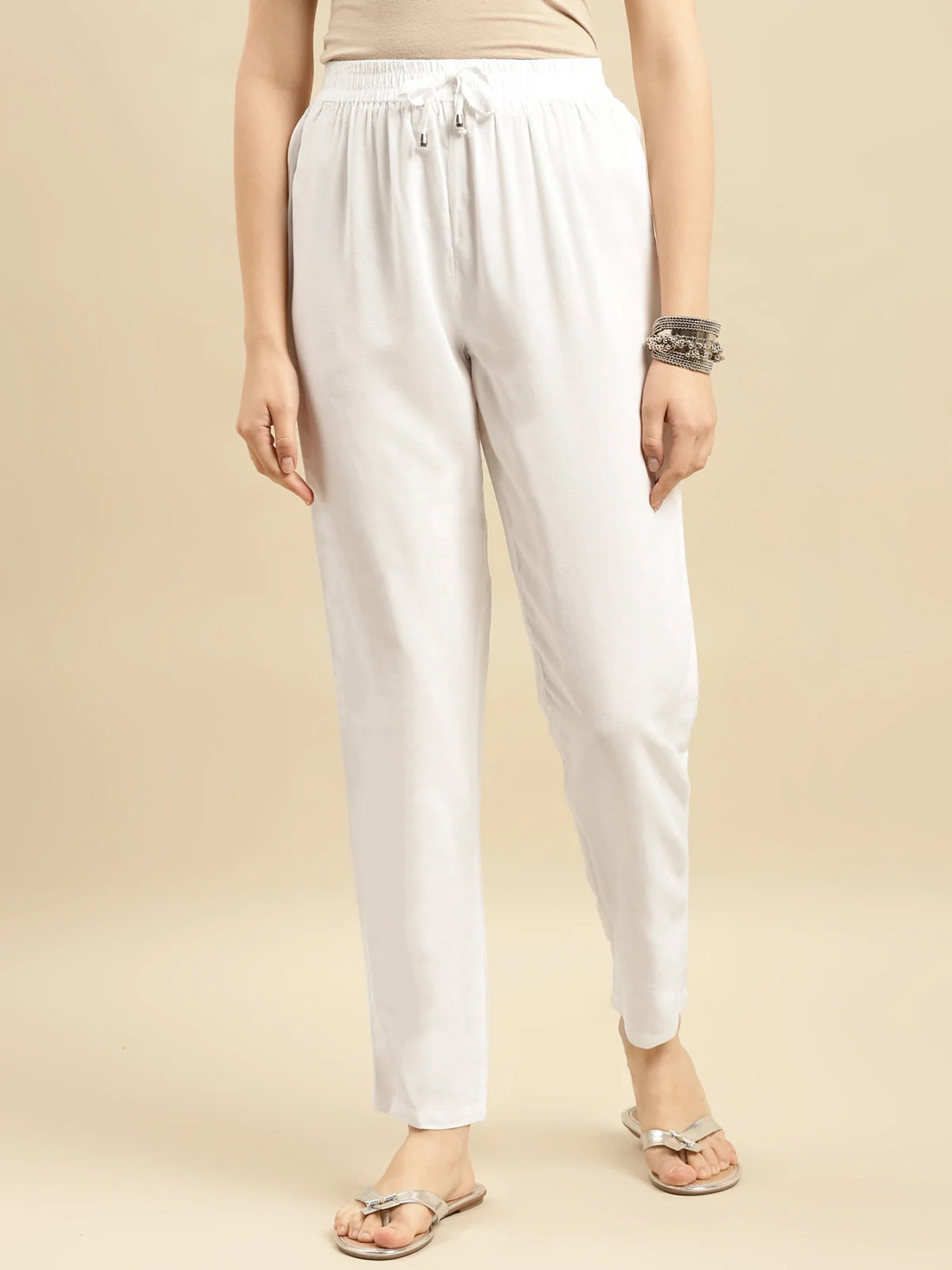 Buy Rayon Solid Ankle Length Straight Pant-White