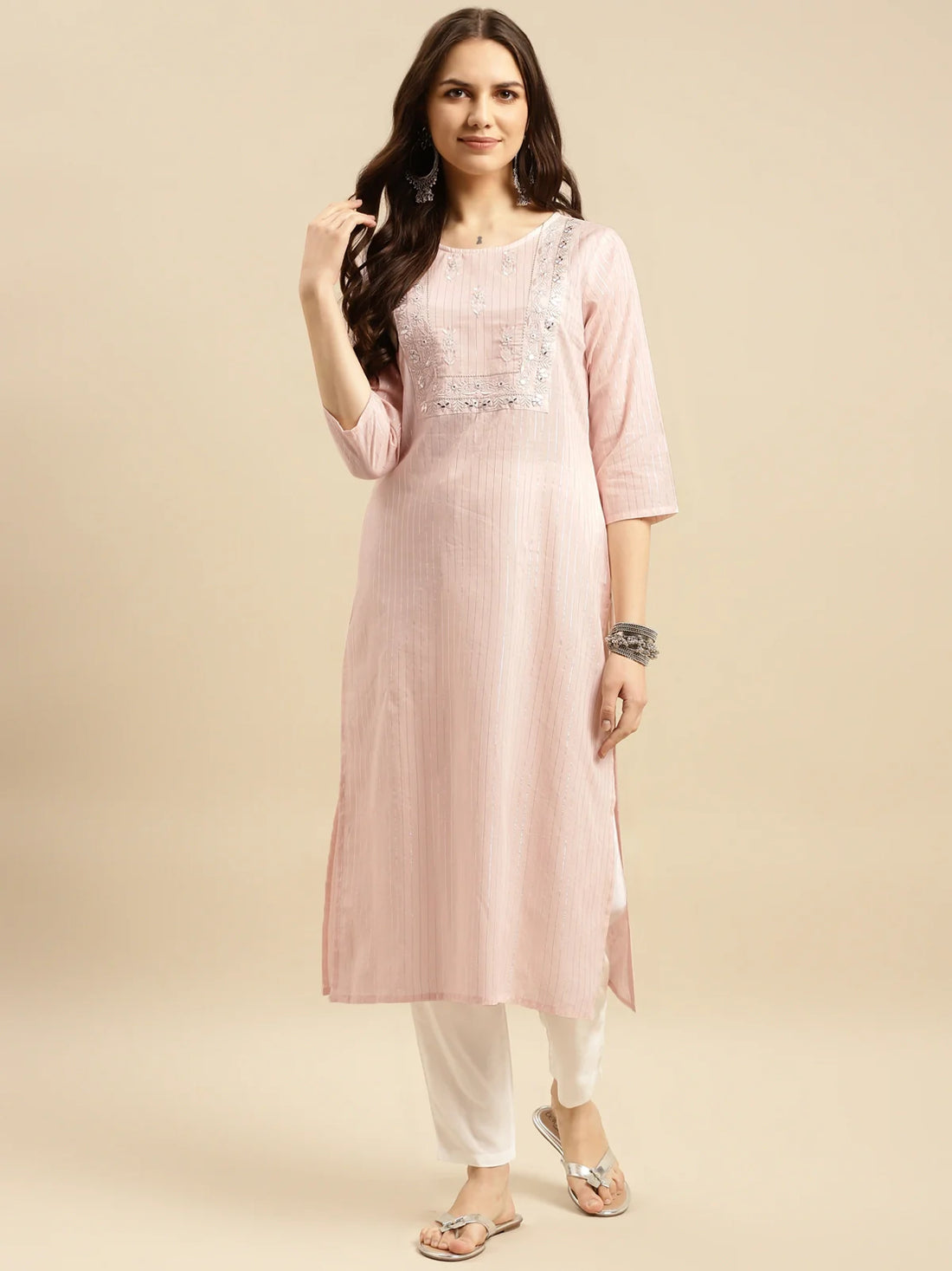 Buy Cotton Lurex Yoke Embroidered Calf Length Straight Kurta-Peach