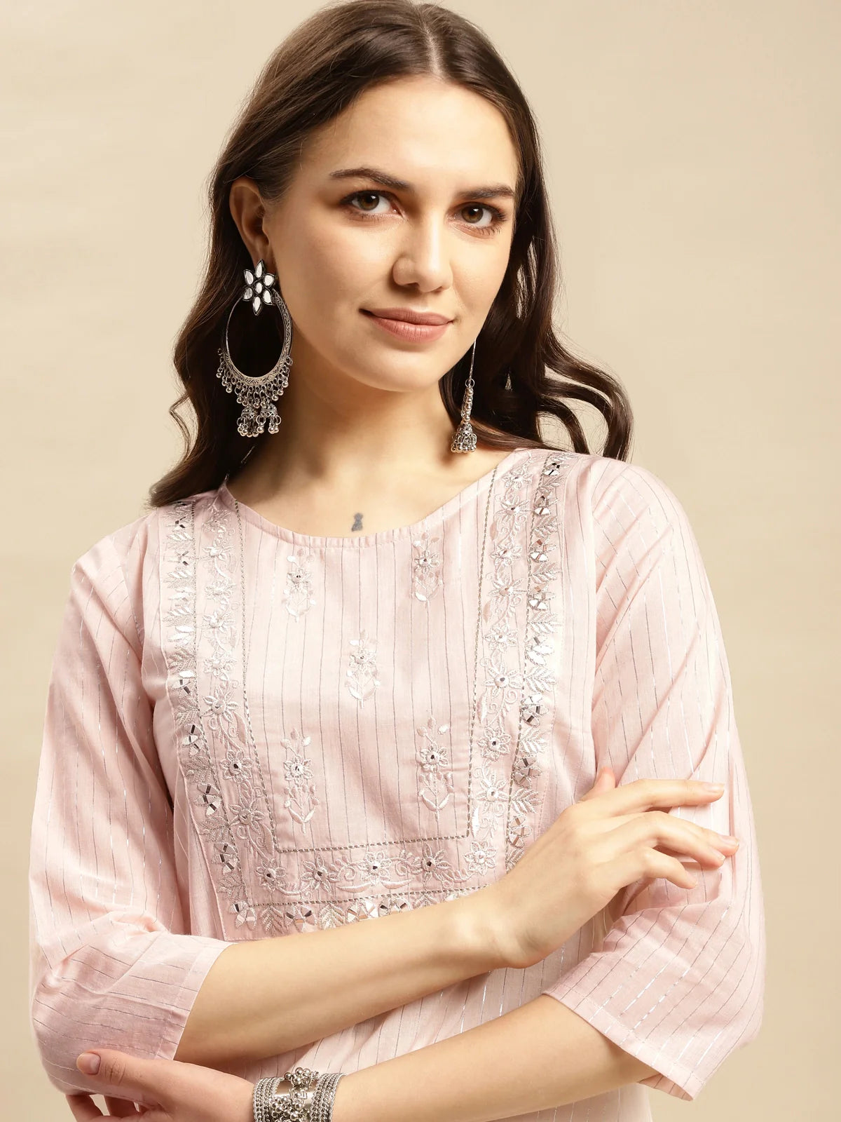 Buy Cotton Lurex Yoke Embroidered Calf Length Straight Kurta-Peach