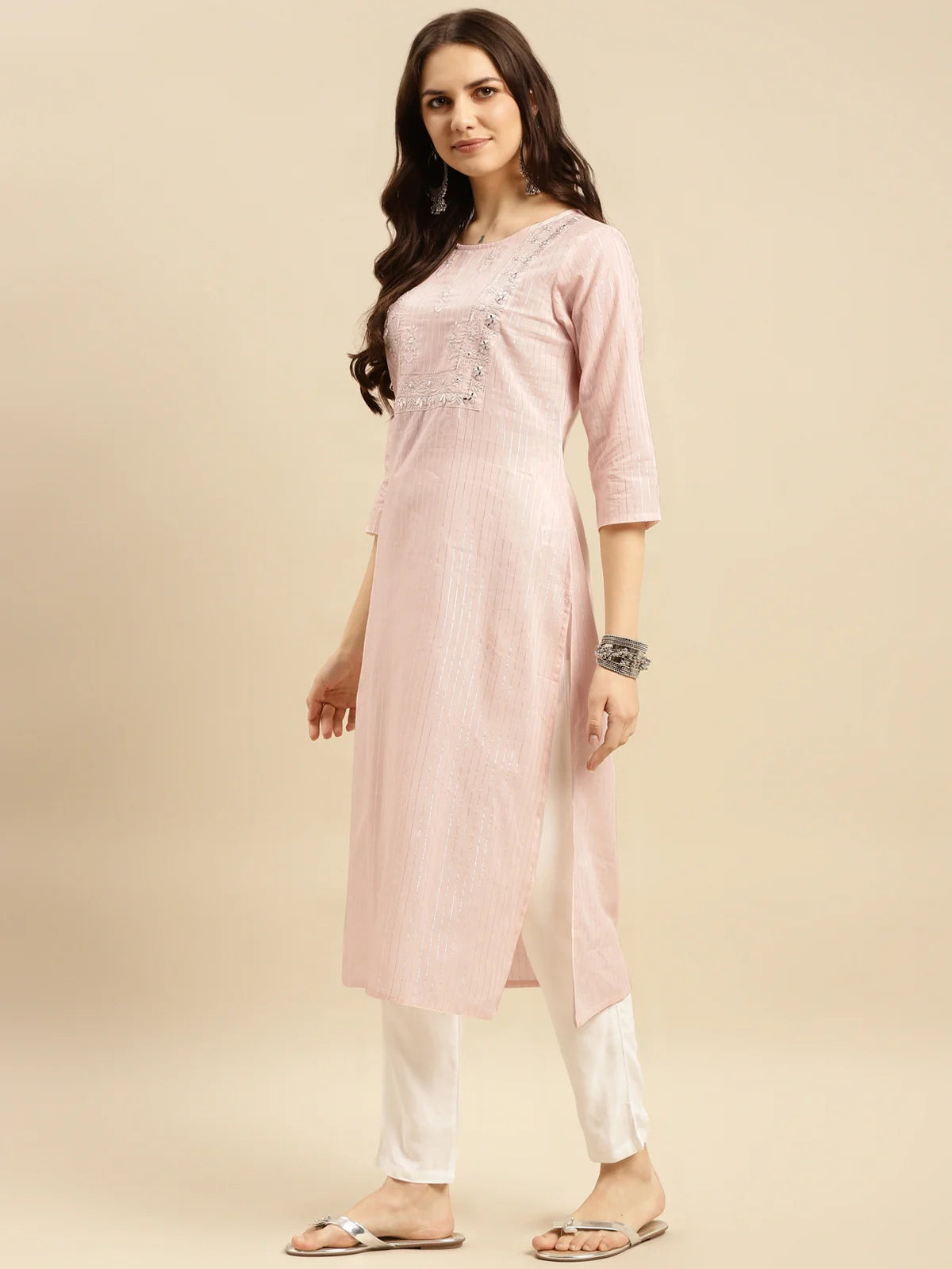 Buy Cotton Lurex Yoke Embroidered Calf Length Straight Kurta-Peach