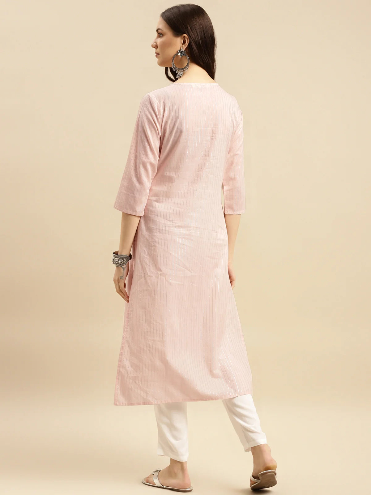 Buy Cotton Lurex Yoke Embroidered Calf Length Straight Kurta-Peach