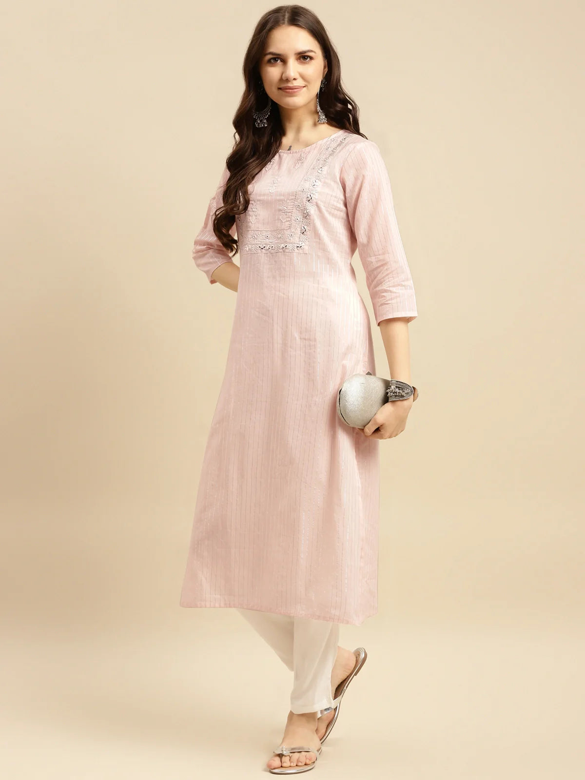 Buy Cotton Lurex Yoke Embroidered Calf Length Straight Kurta-Peach