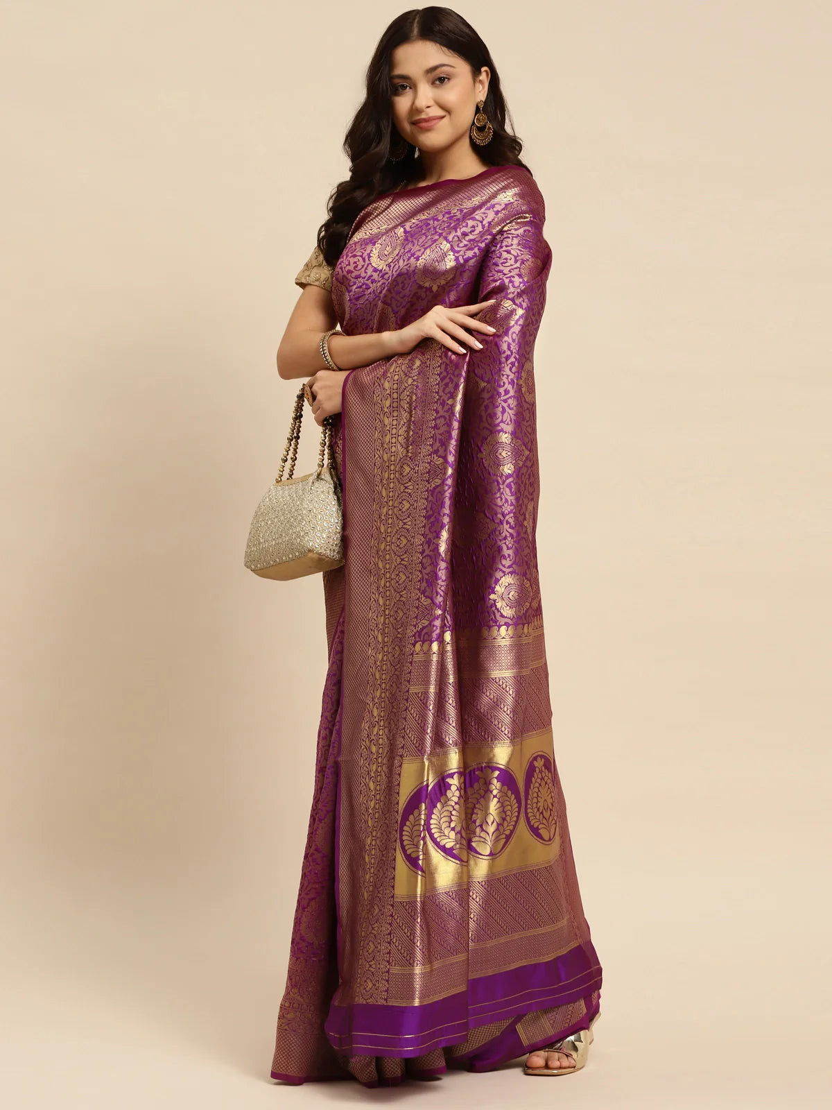 Buy Banarasi Silk Jacquard Saree With Blouse Piece-Purple