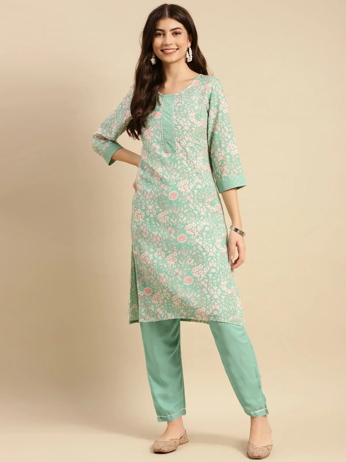 Buy Rayon Floral Printed Knee Length Straight Kurta With Pant-Mint Green