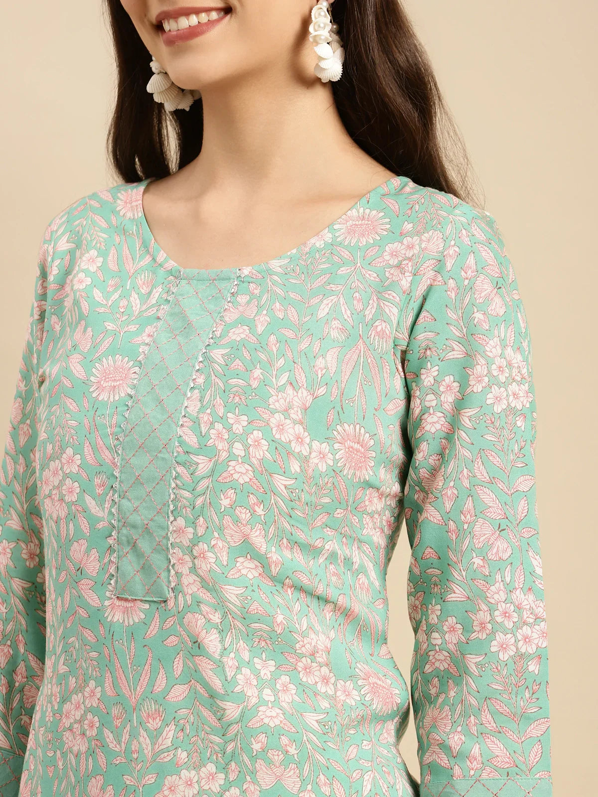 Buy Rayon Floral Printed Knee Length Straight Kurta With Pant-Mint Green