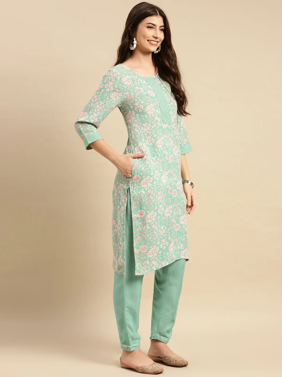 Buy Rayon Floral Printed Knee Length Straight Kurta With Pant-Mint Green