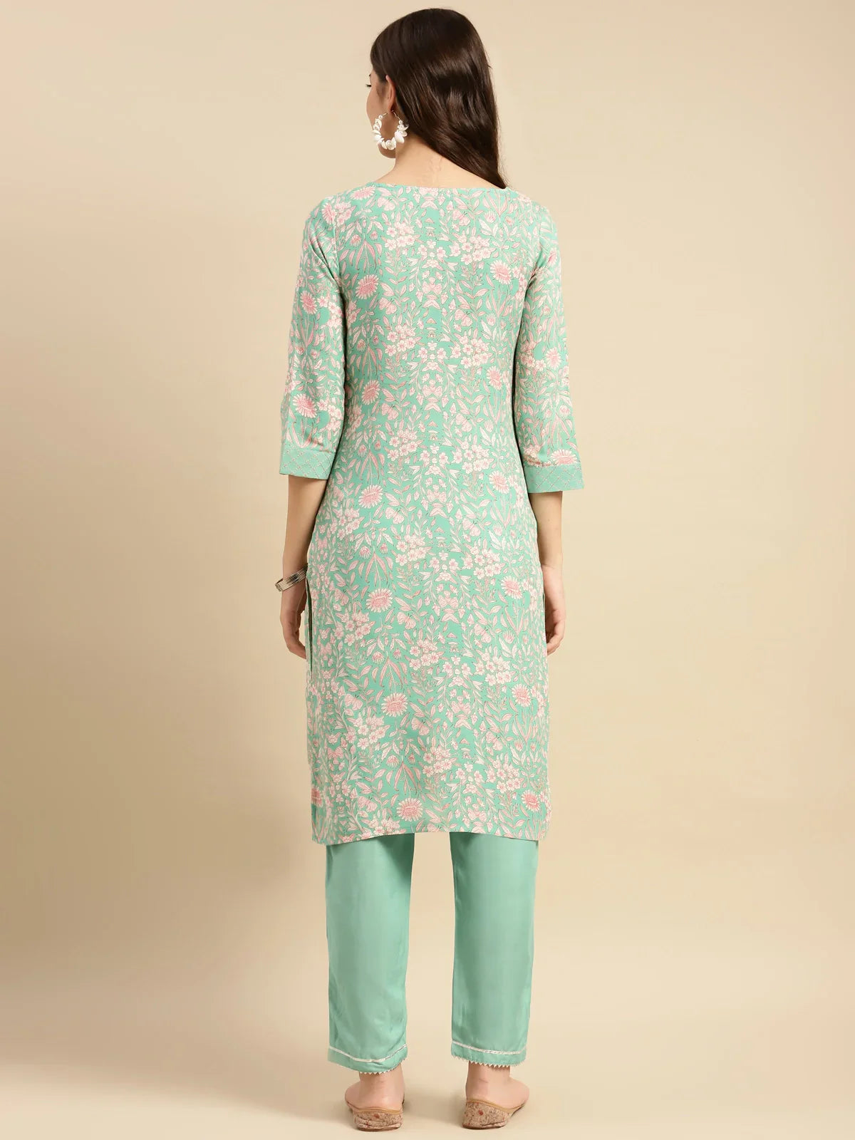 Buy Rayon Floral Printed Knee Length Straight Kurta With Pant-Mint Green