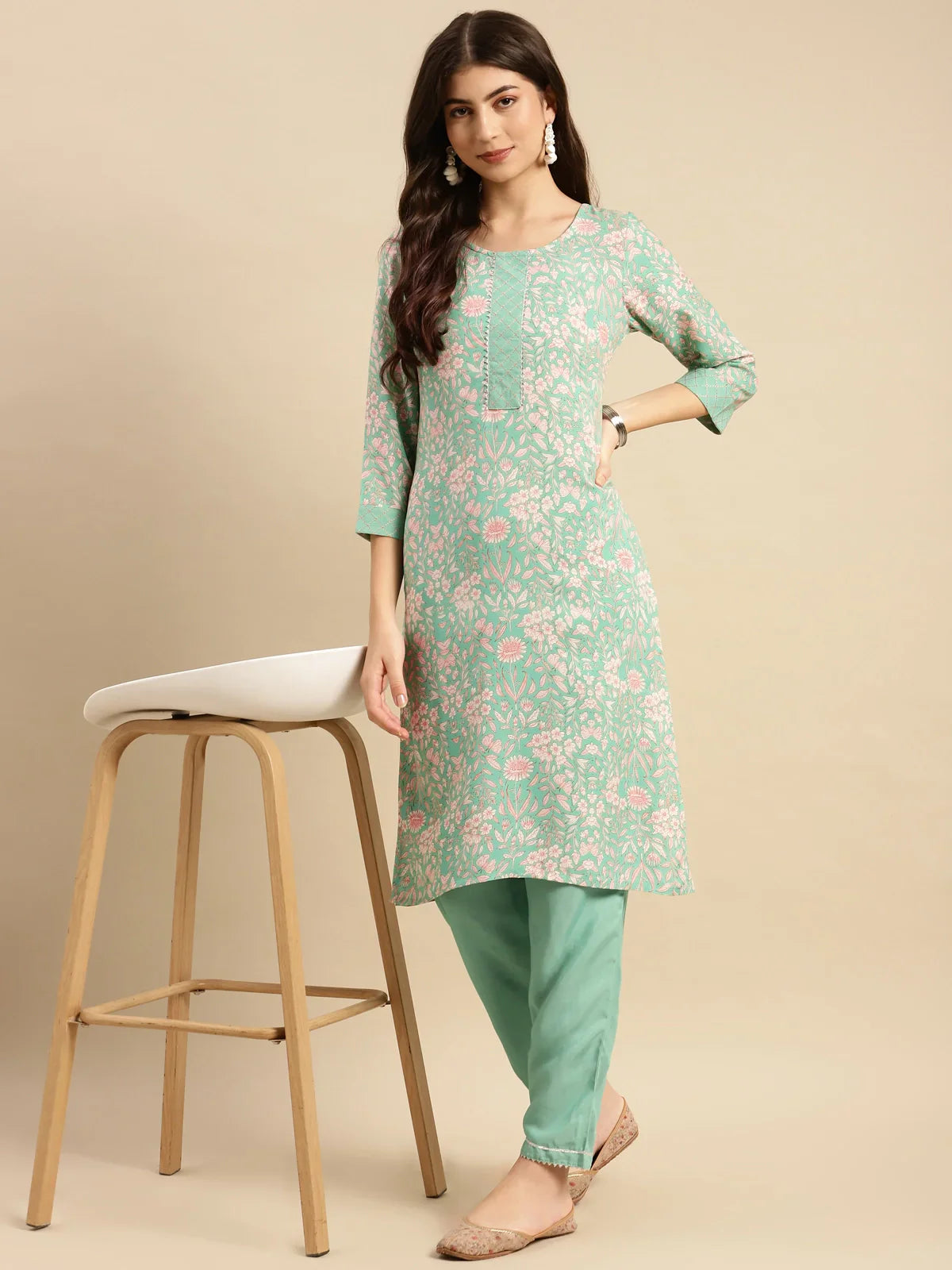 Buy Rayon Floral Printed Knee Length Straight Kurta With Pant-Mint Green