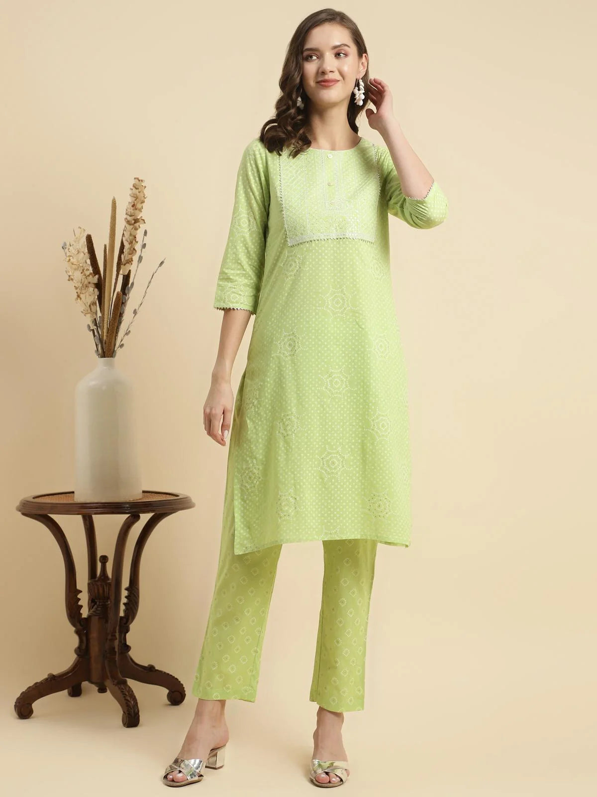 Buy Cotton Embroidered Knee Length Straight Kurta With Pant-Green